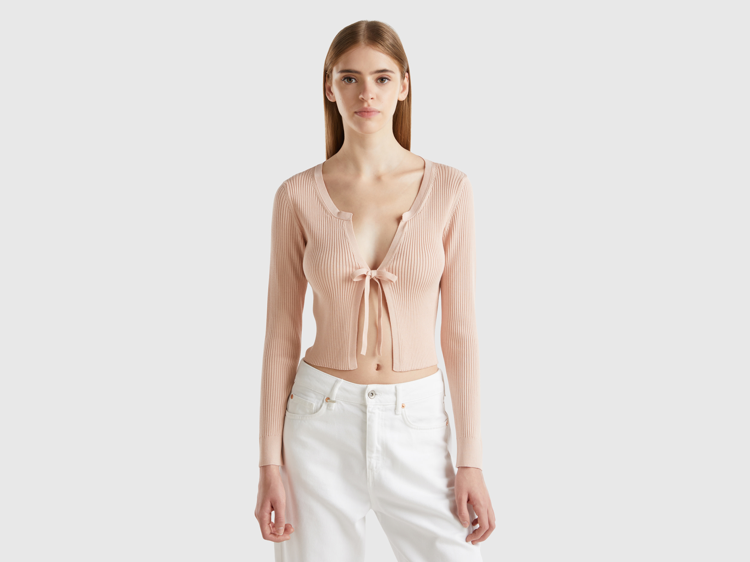 Benetton, Cardigan Cropped Con Laccetti, Rosa Tenue, Donna
