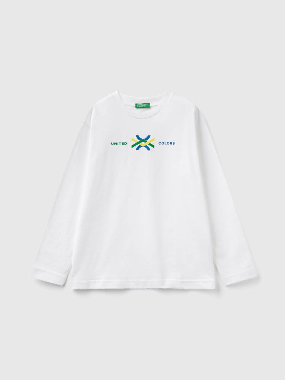 Benetton, Camiseta De Manga Larga De Algodón Orgánico, Blanco, Niños