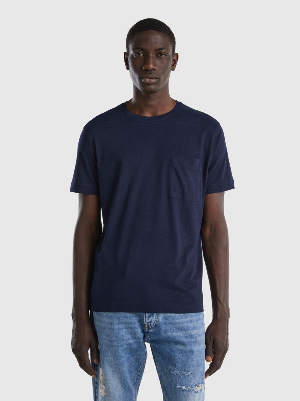 Benetton, T-shirt In Linen Blend With Pocket, Dark Blue, Men