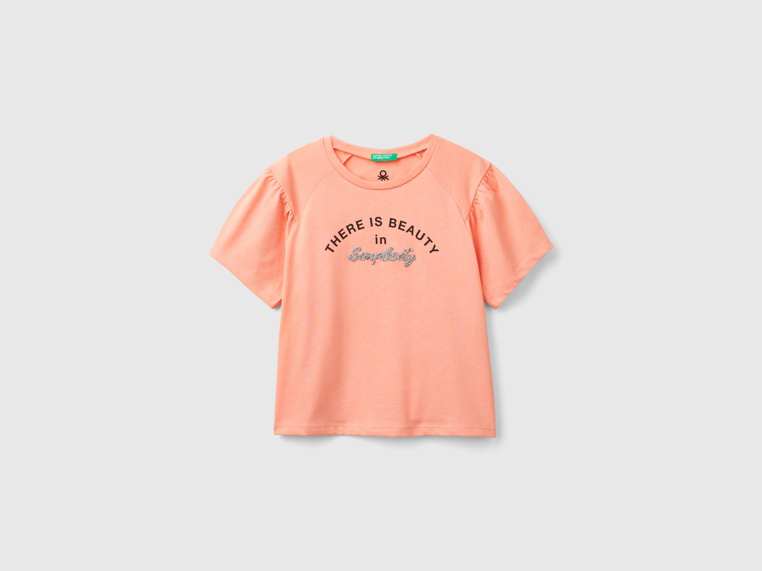 Benetton, T-shirt Con Stampa E Applicazione, Pesca, Bambini