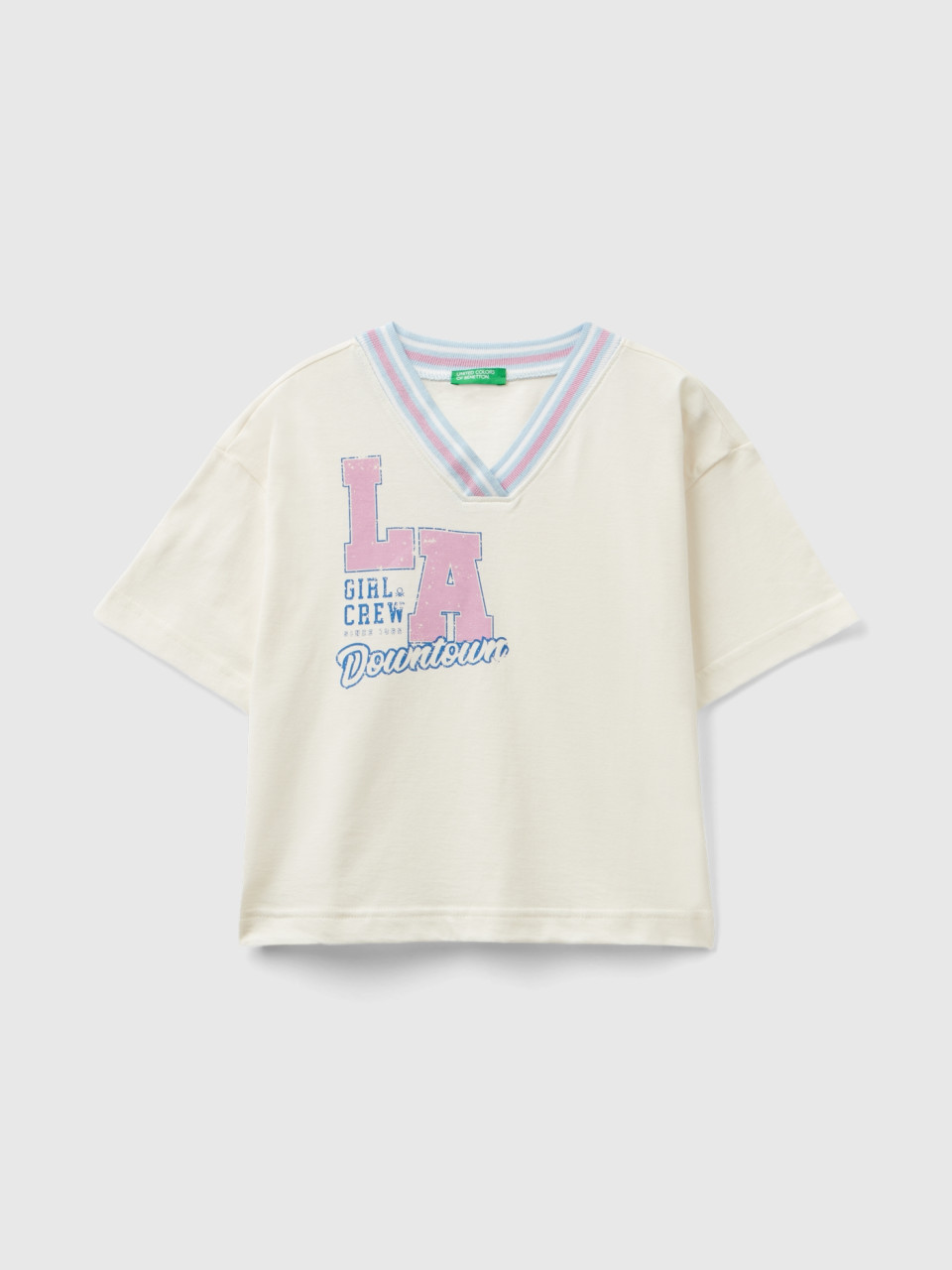 Benetton, Camiseta Boxy Fit De Estilo College, Blanco Crema, Niños