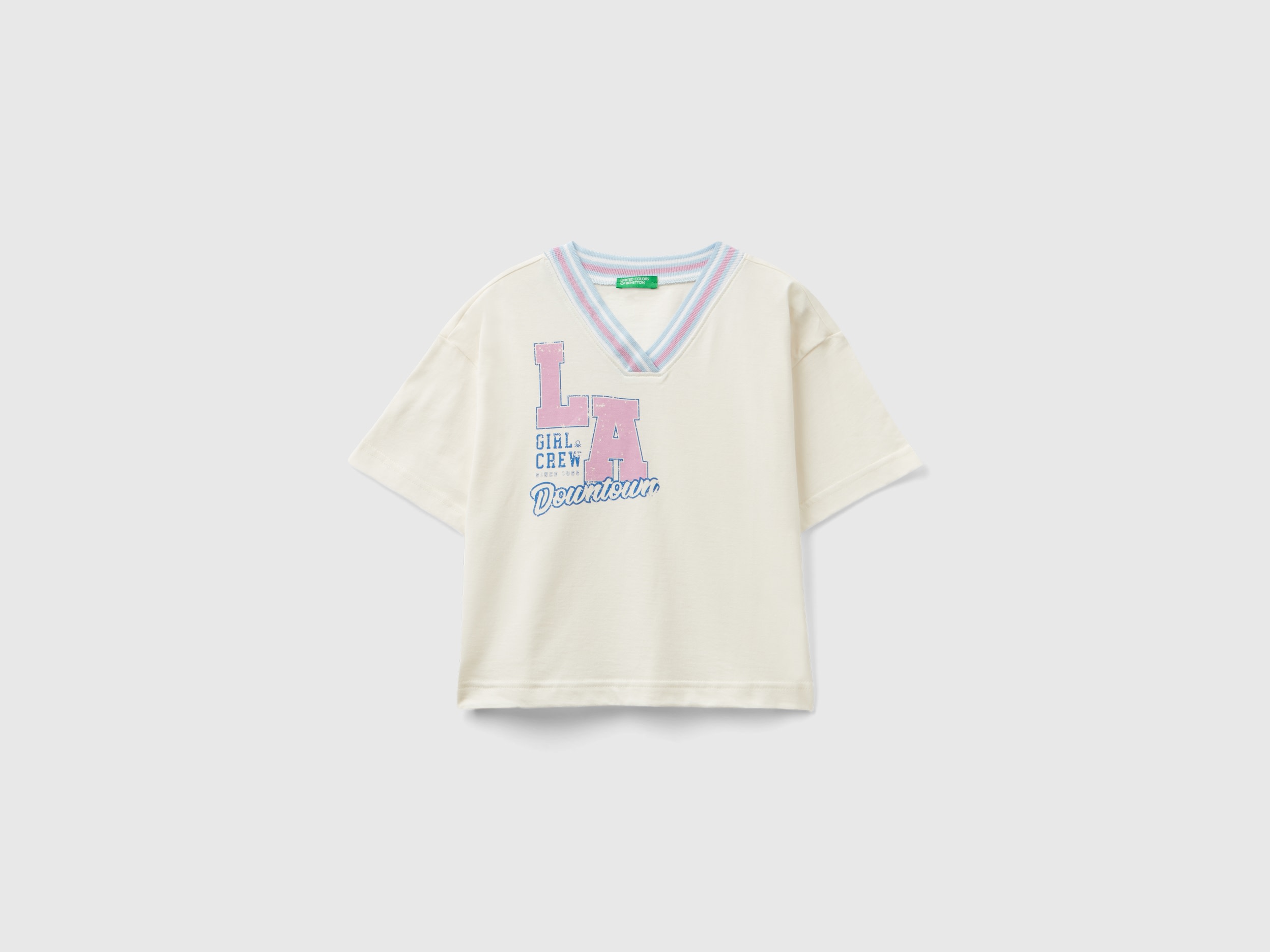 Benetton, T-shirt Boxy Fit Stile College, Bianco Panna, Bambini