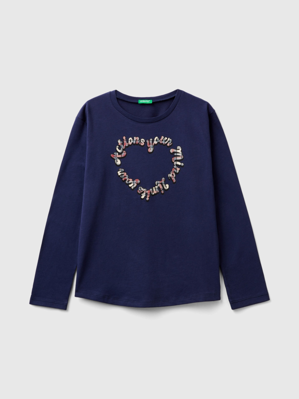 Benetton, Warm Cotton T-shirt With Glittery Print, Dark Blue, Kids