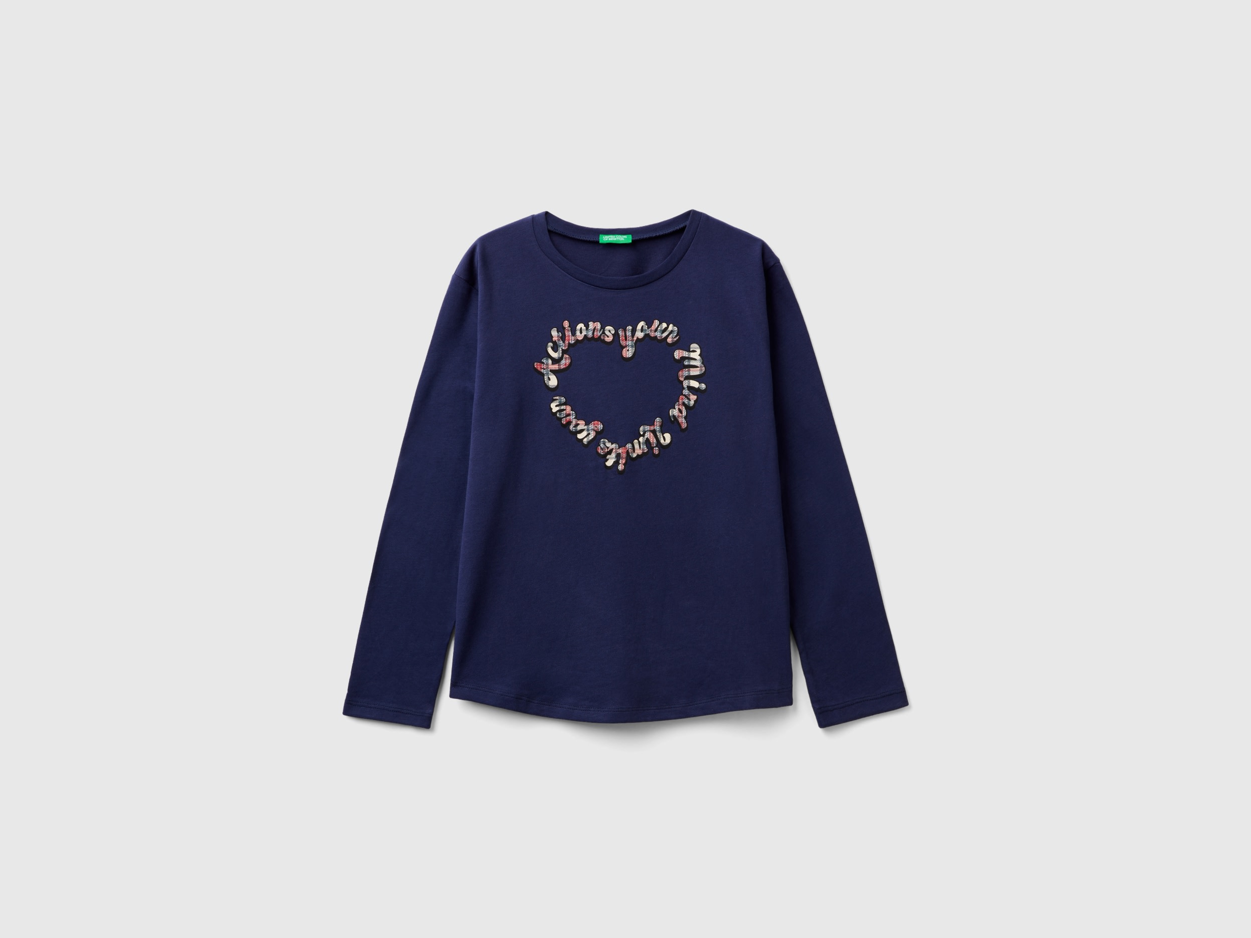 Benetton, Warm Cotton T-shirt With Glittery Print, size 3XL, Dark Blue, Kids