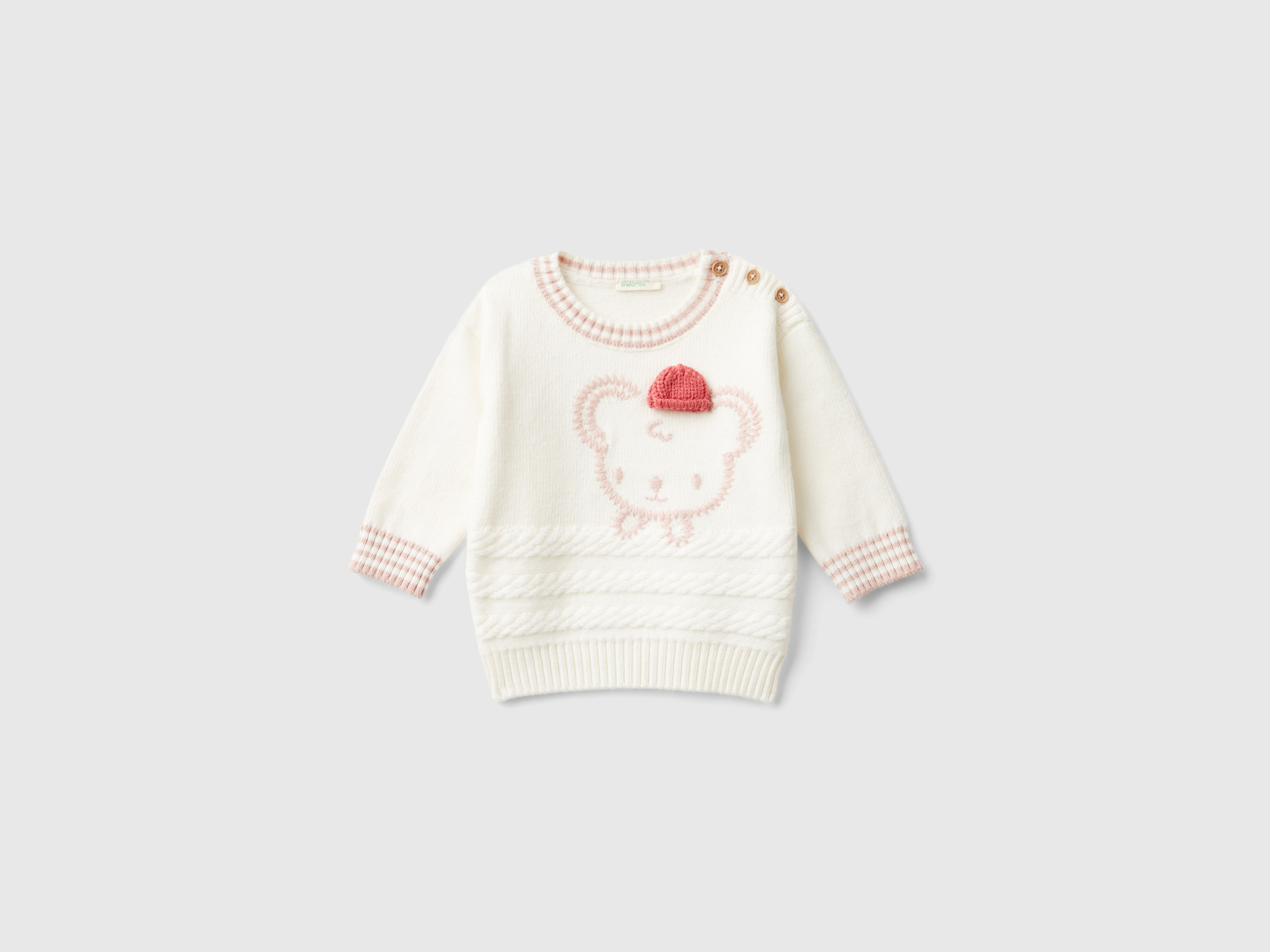 Benetton, Maglioncino Con Ricamo E Applicazione, Bianco Panna, Bambini