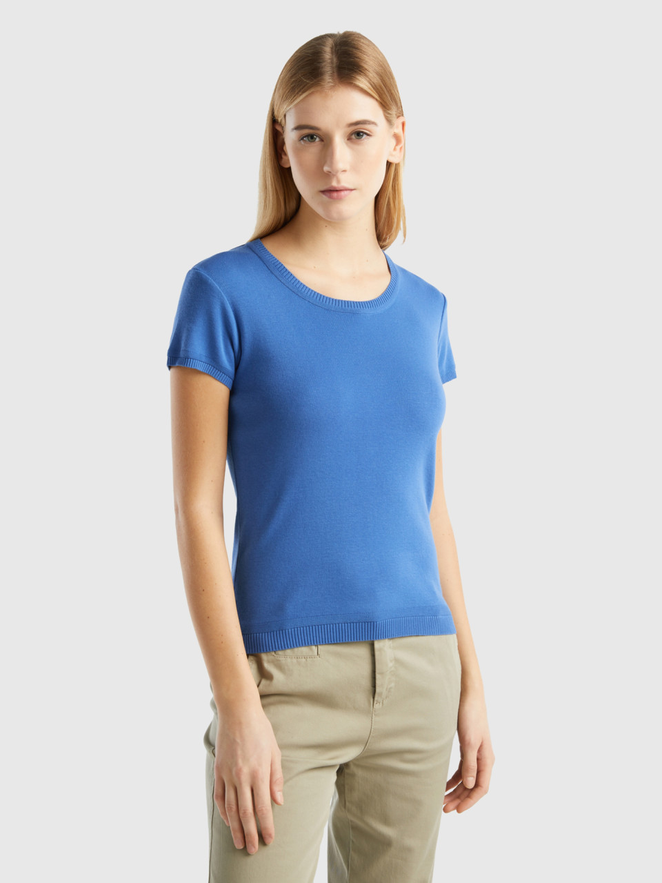 Benetton, Short Sleeve Sweater In 100% Cotton, Blue, Women