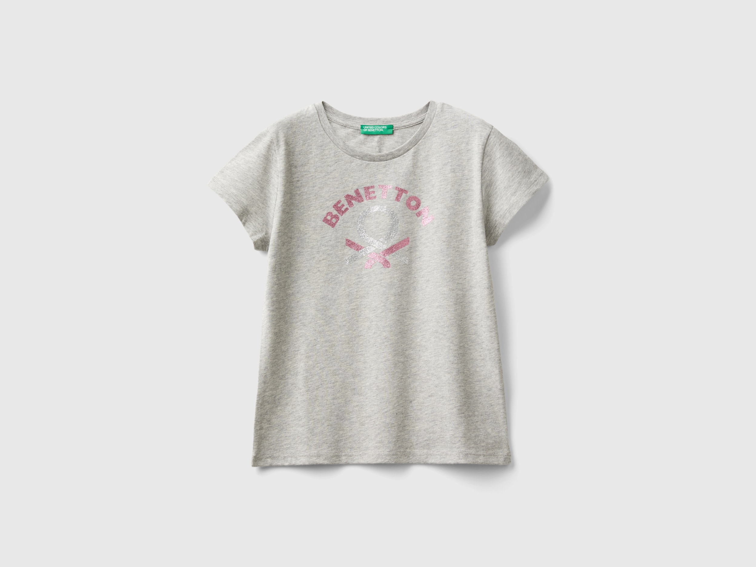 Benetton, T-shirt Con Logo Glitter In Cotone Bio, Grigio Chiaro, Bambini