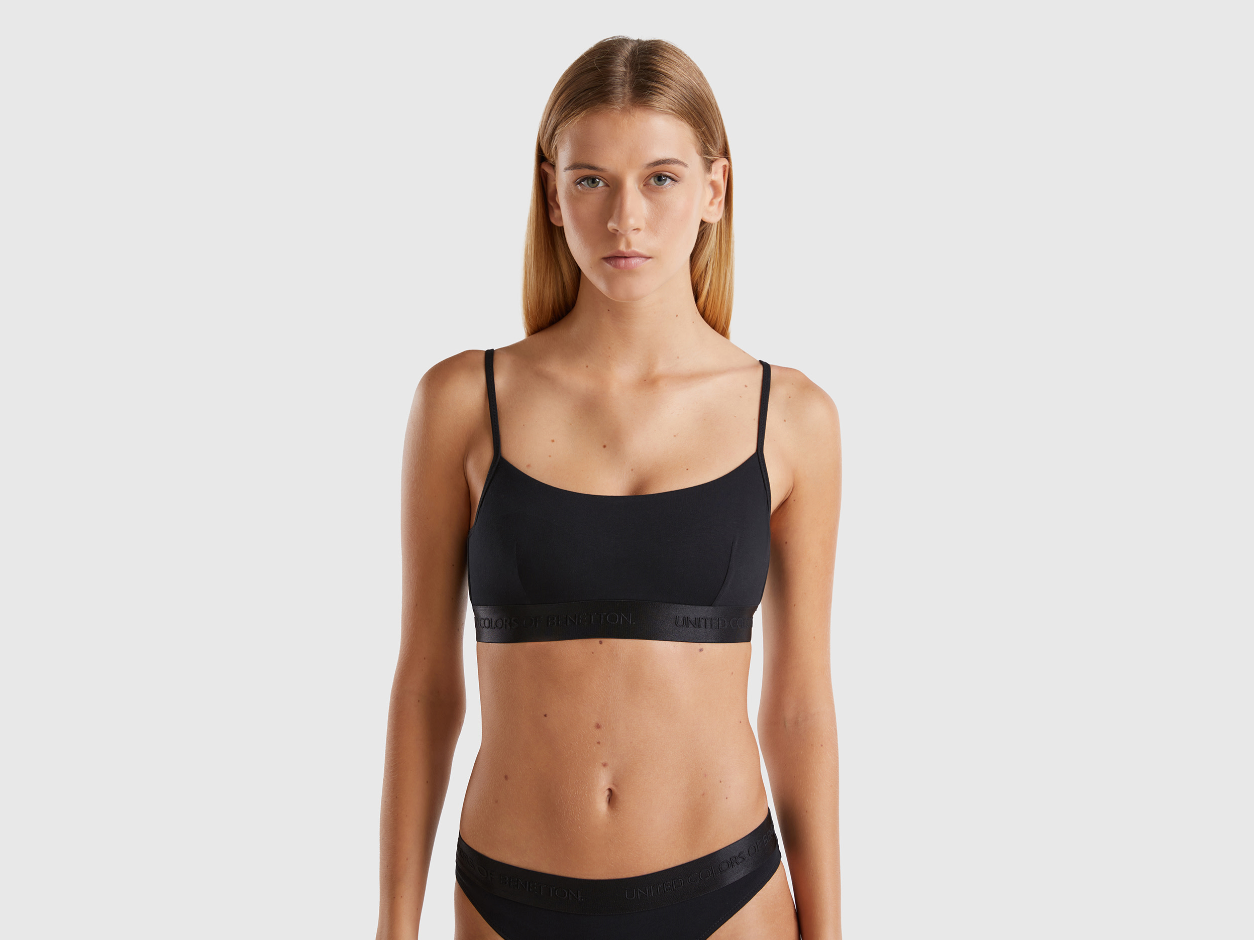 Benetton, Brassiere In Cotone Bio Stretch, Nero, Donna
