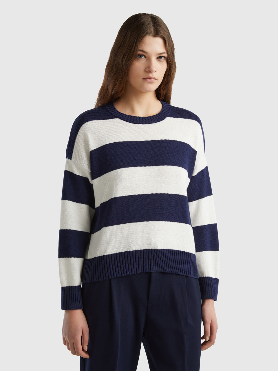 Benetton, Striped Sweater In Tricot Cotton, Dark Blue, Women