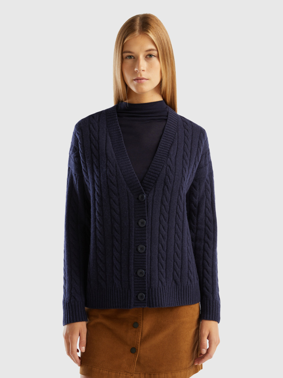 Benetton, Oversized Fit Cardigan With Cables, Dark Blue, Women