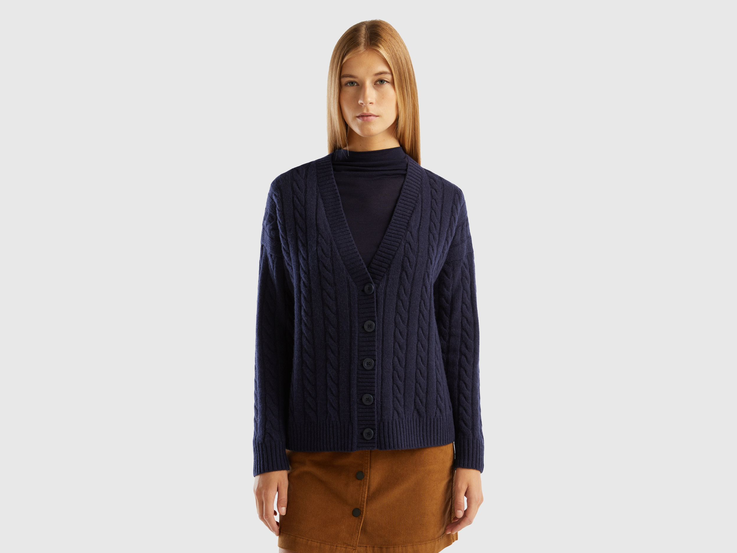 Benetton, Oversized Fit Cardigan With Cables, size L-XL, Dark Blue, Women