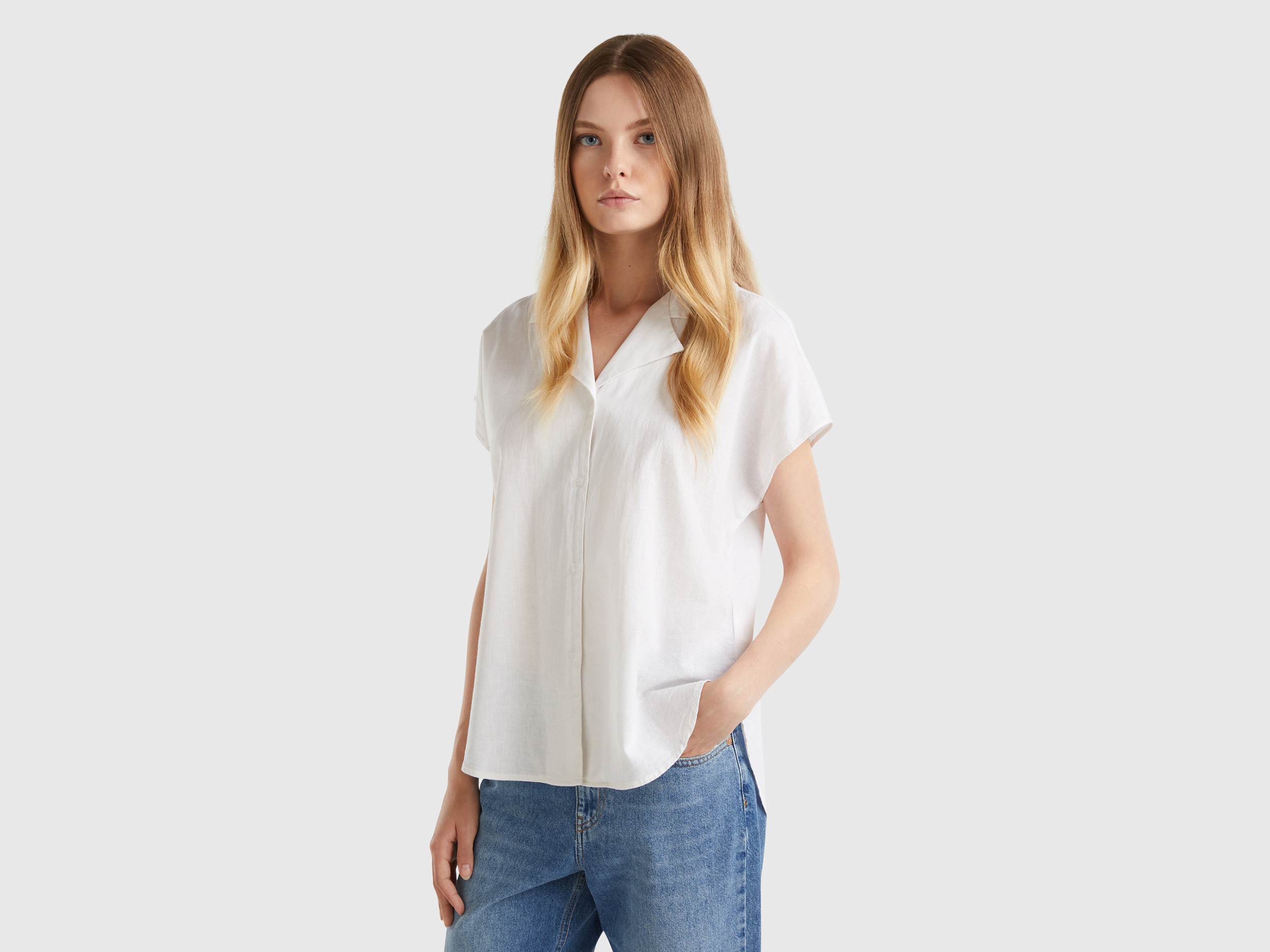 Benetton, Camicia Manica Corta A Righe, Bianco Panna, Donna