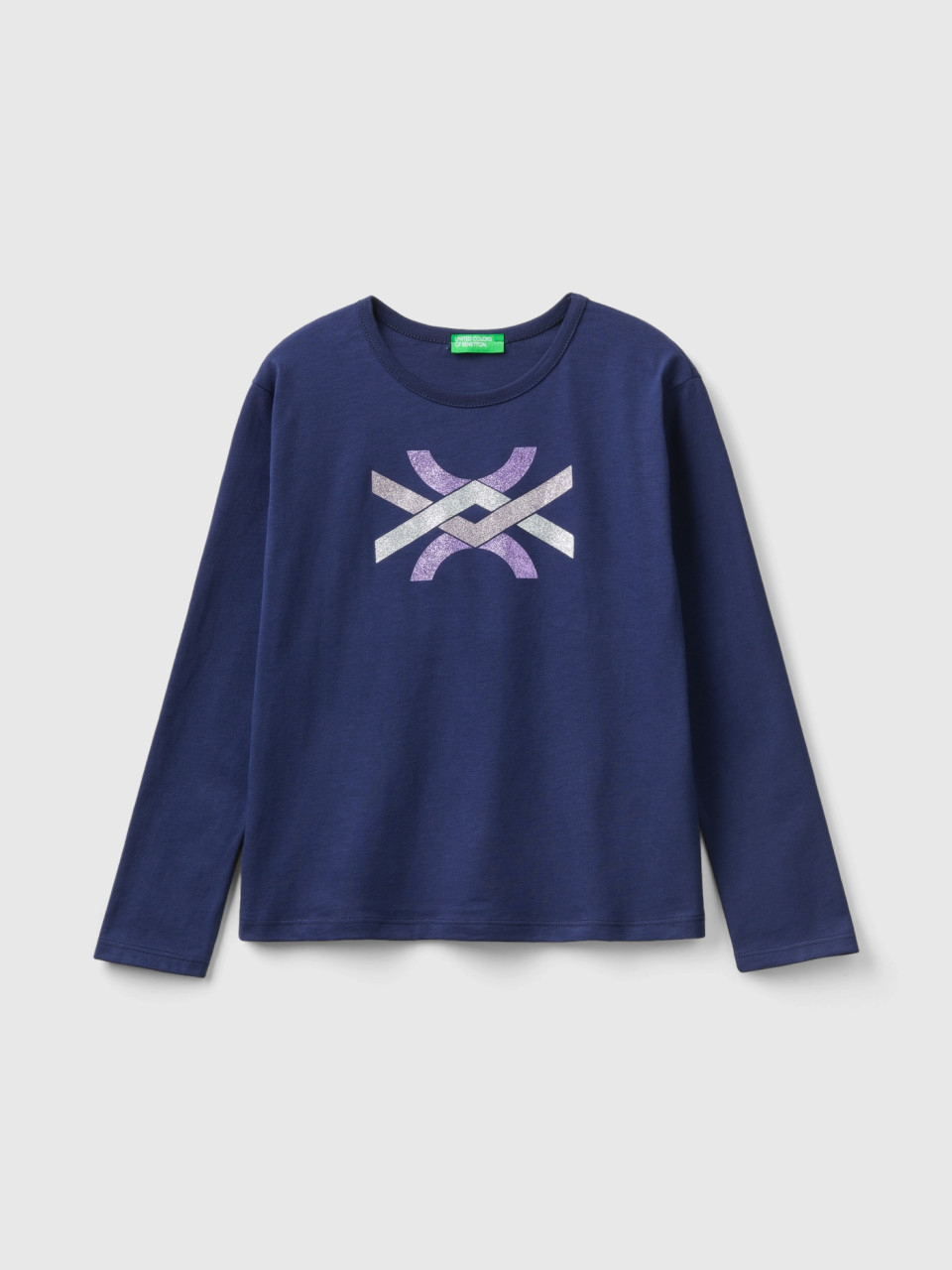 Benetton, T-shirt In Warm Organic Cotton With Glitter, Dark Blue, Kids