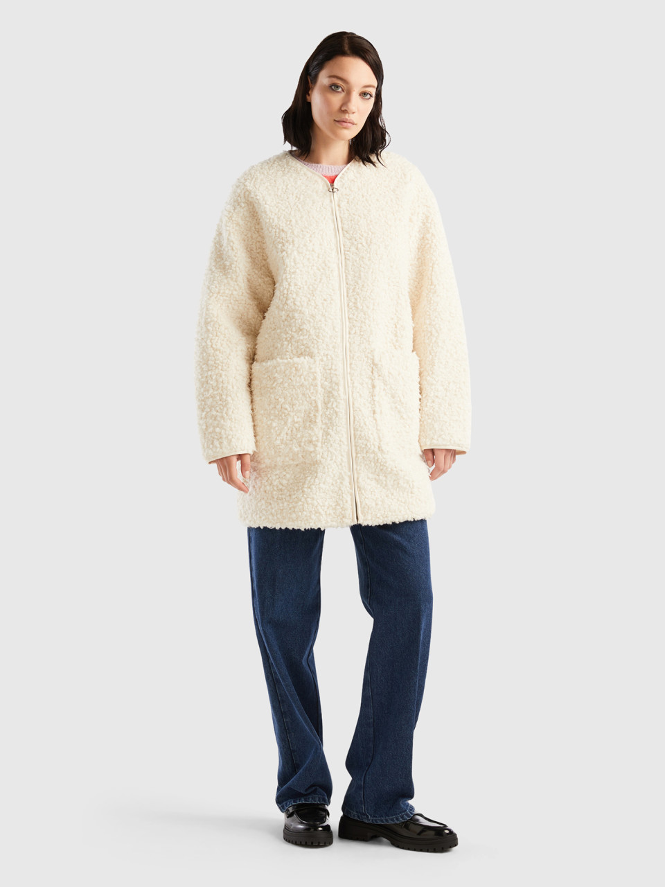 Benetton, Faux Fur Teddy Coat, Creamy White, Women