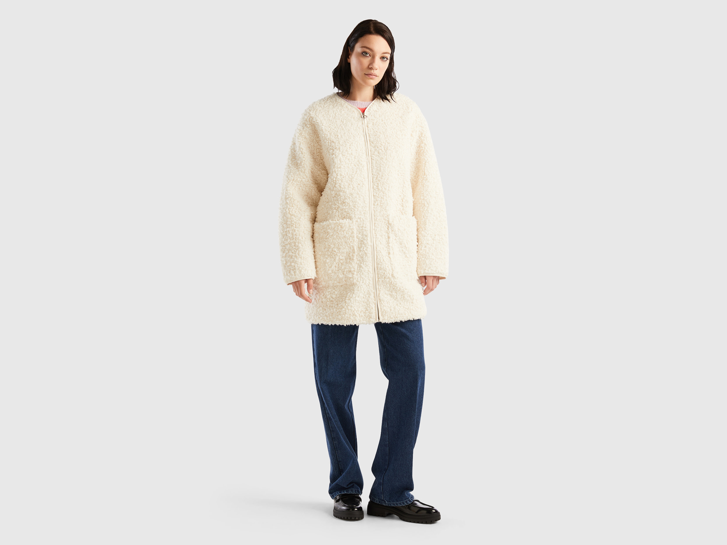 Benetton, Faux Fur Teddy Coat, size XS, Creamy White, Women