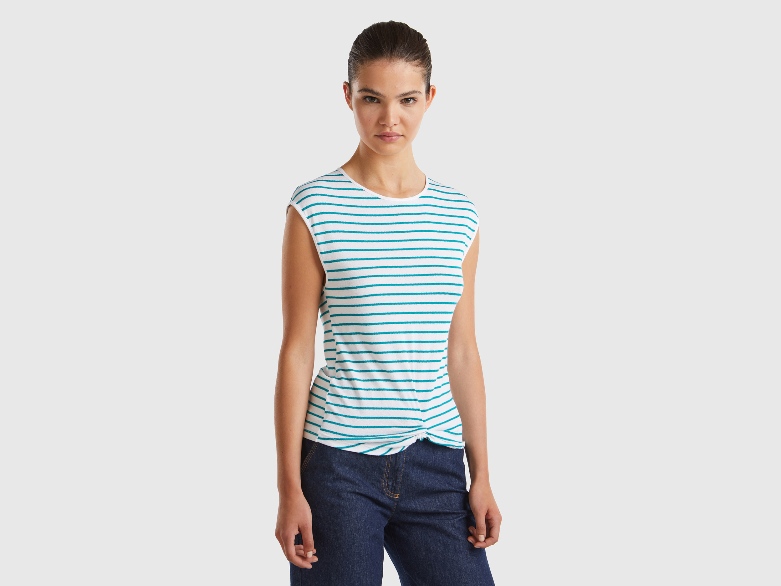 Benetton, T-shirt A Righe Con Nodo, Verde Ottanio, Donna