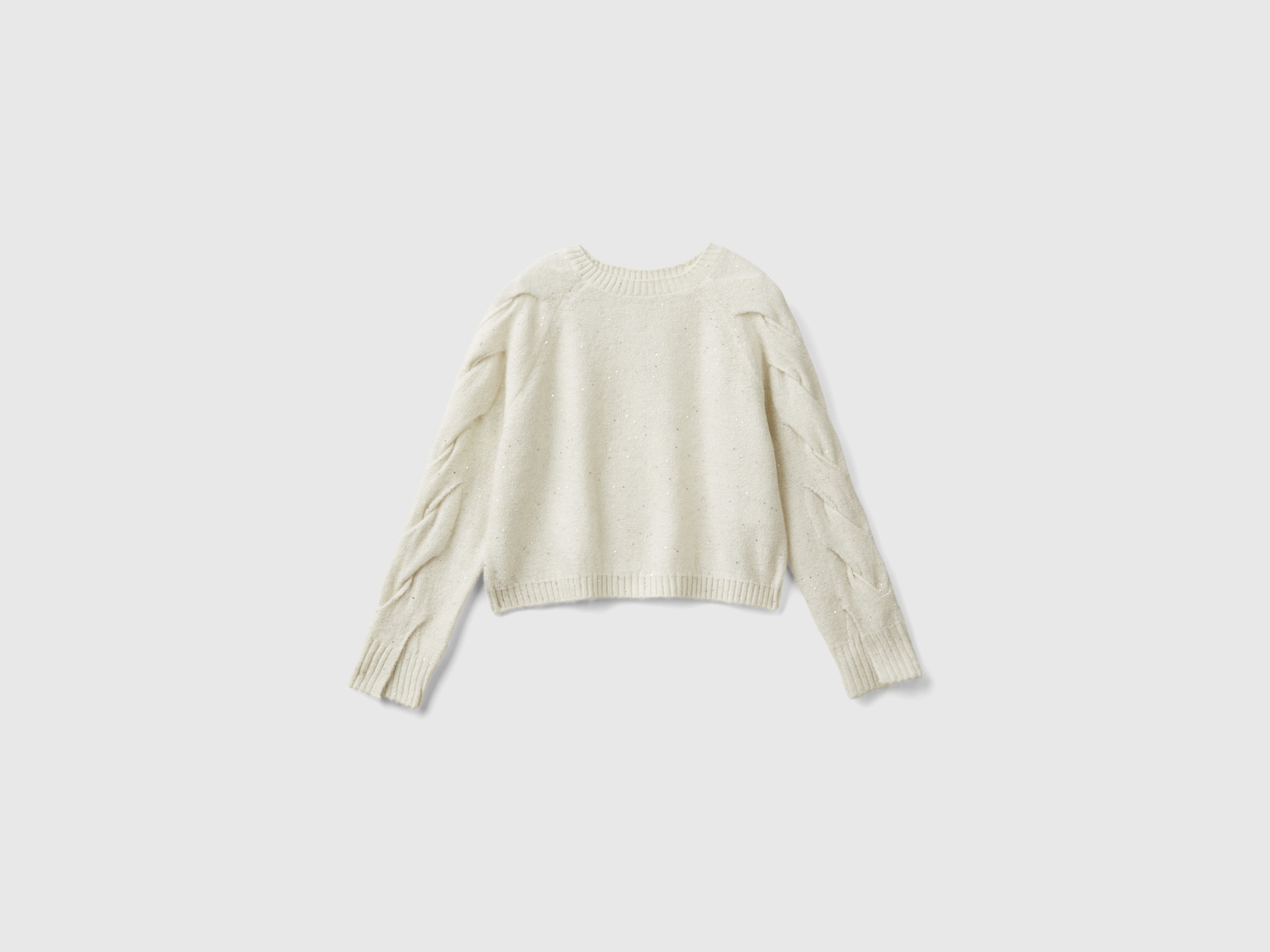Benetton, Maglia Con Tessuto Riciclato E Paillettes, Bianco Panna, Bambini