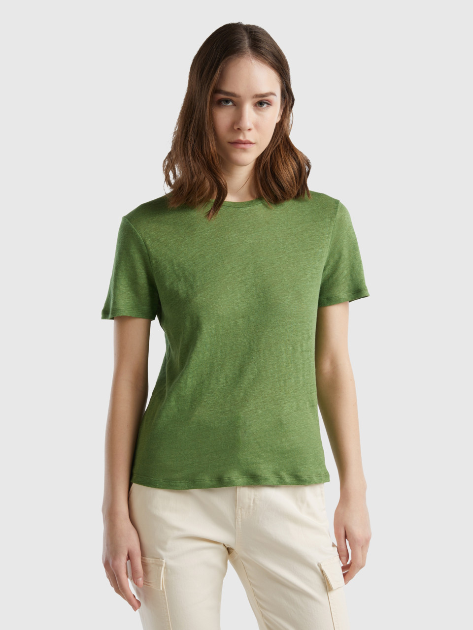 Benetton, Crew Neck T-shirt In Pure Linen, Military Green, Women