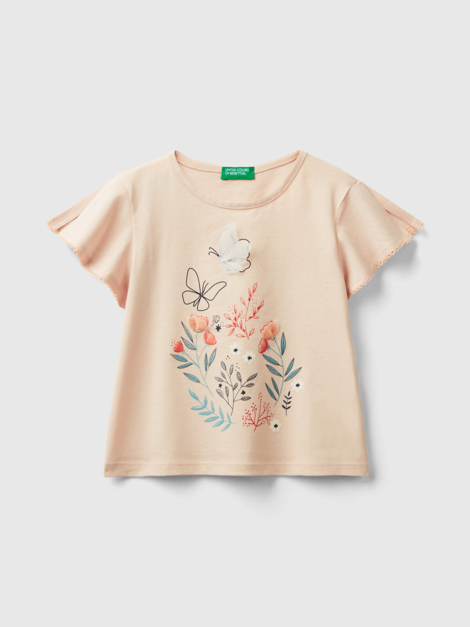 Benetton, T-shirt With Print And Tulle, Peach, Kids