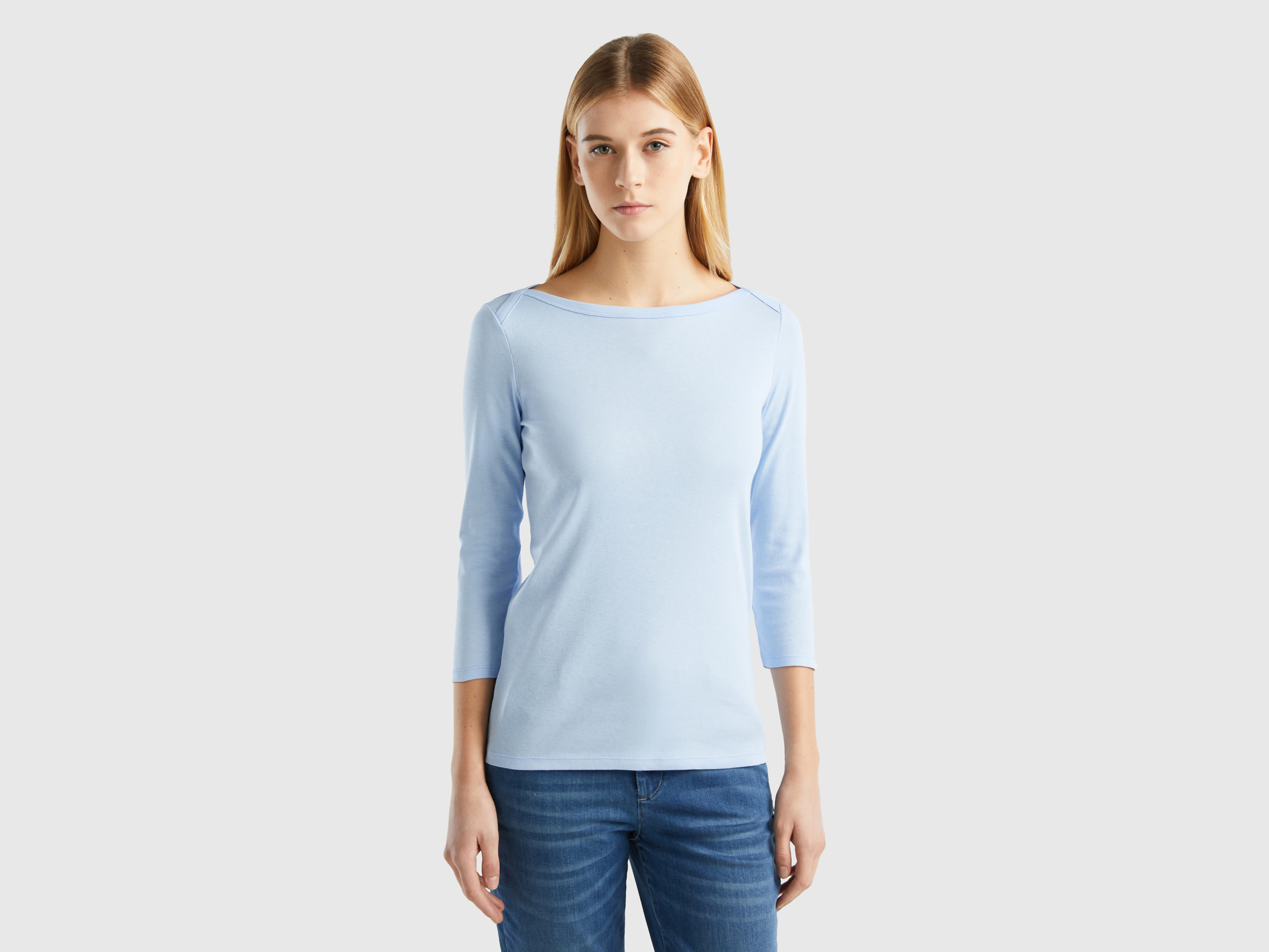 Benetton, T-shirt With Boat Neck In 100% Cotton, size XXS, Sky Blue, Women