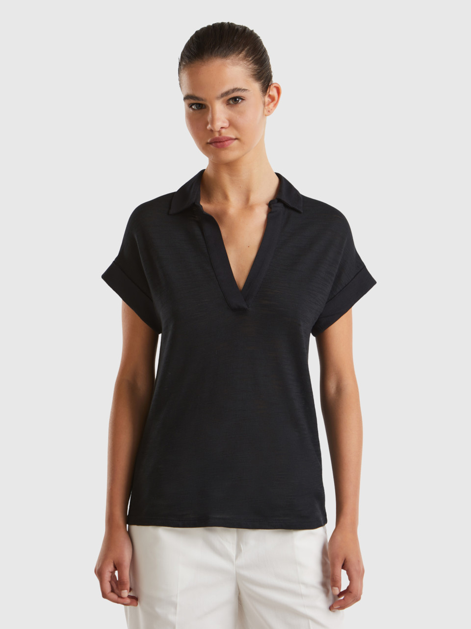 Benetton, Lightweight Polo-style T-shirt, Black, Women