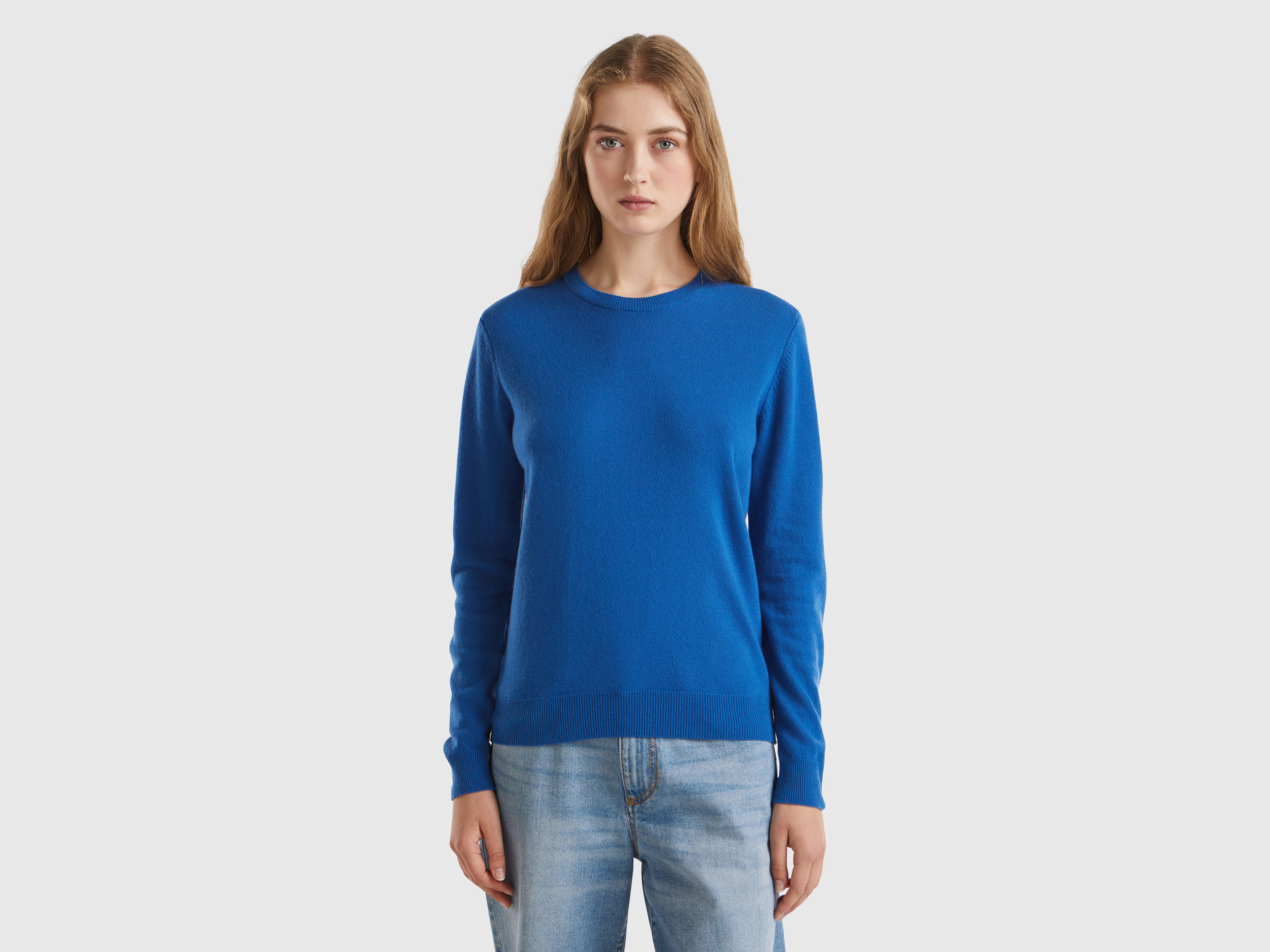 Benetton, Maglia Girocollo Avio In Pura Lana Merino, Avio, Donna