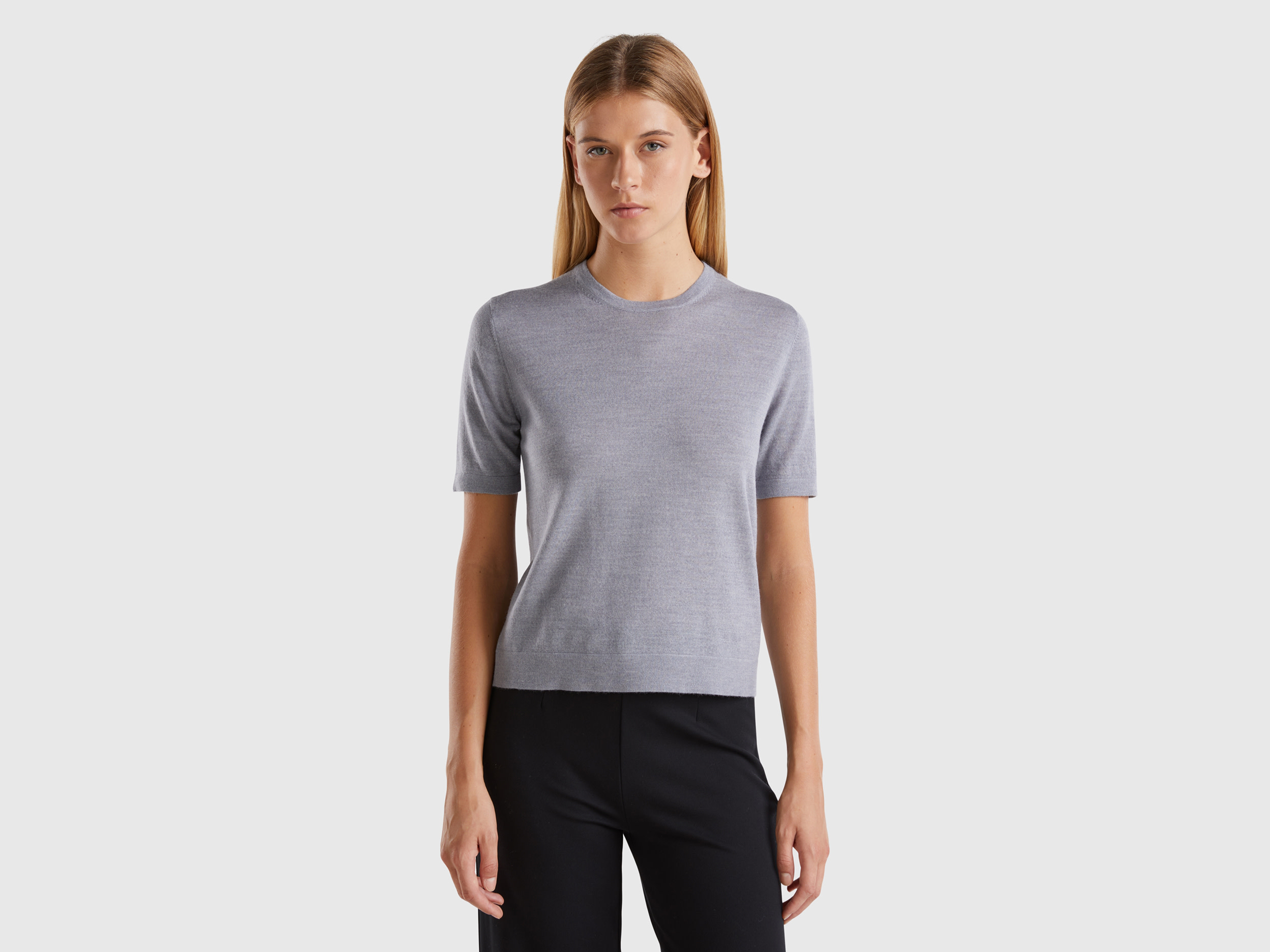 Benetton, Maglia Manica Corta In Pura Lana Merino, Grigio Chiaro, Donna