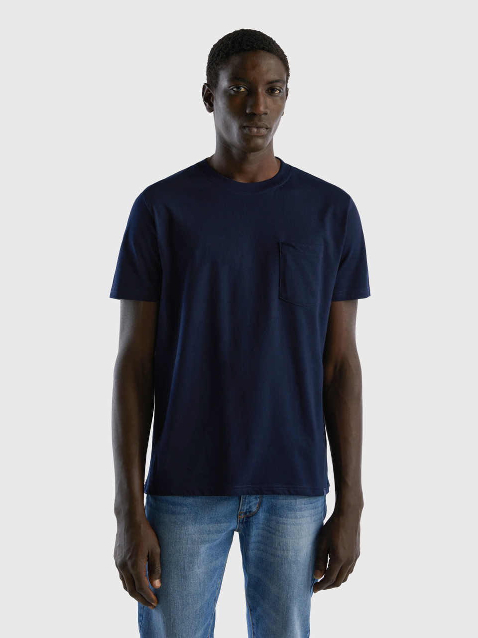 Benetton, T-shirt 100% Cotone Con Taschino, Blu Scuro, Uomo