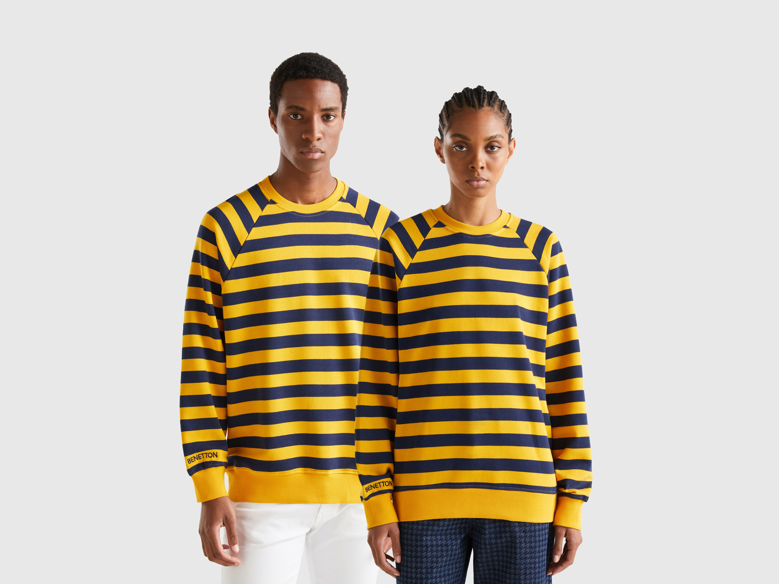 Benetton, Yellow Ochre And Dark Blue Striped Sweatshirt, size S, Multi-color, Men