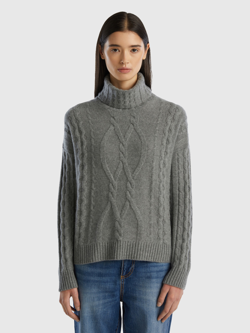 Benetton, Pure Cashmere Turtleneck With Cable Knit, Dark Gray, Women