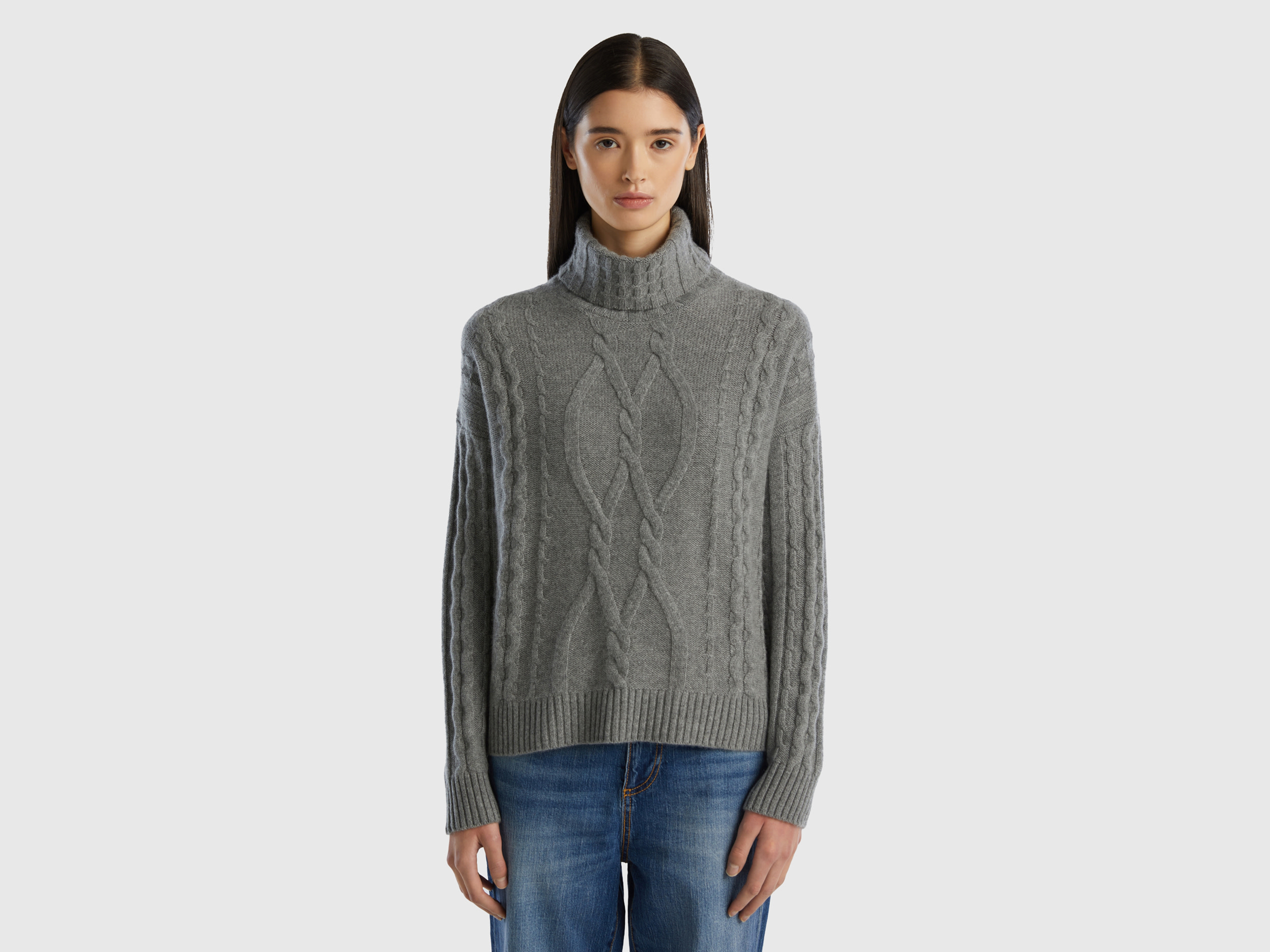 Benetton, Pure Cashmere Turtleneck With Cable Knit, size S, Dark Gray, Women