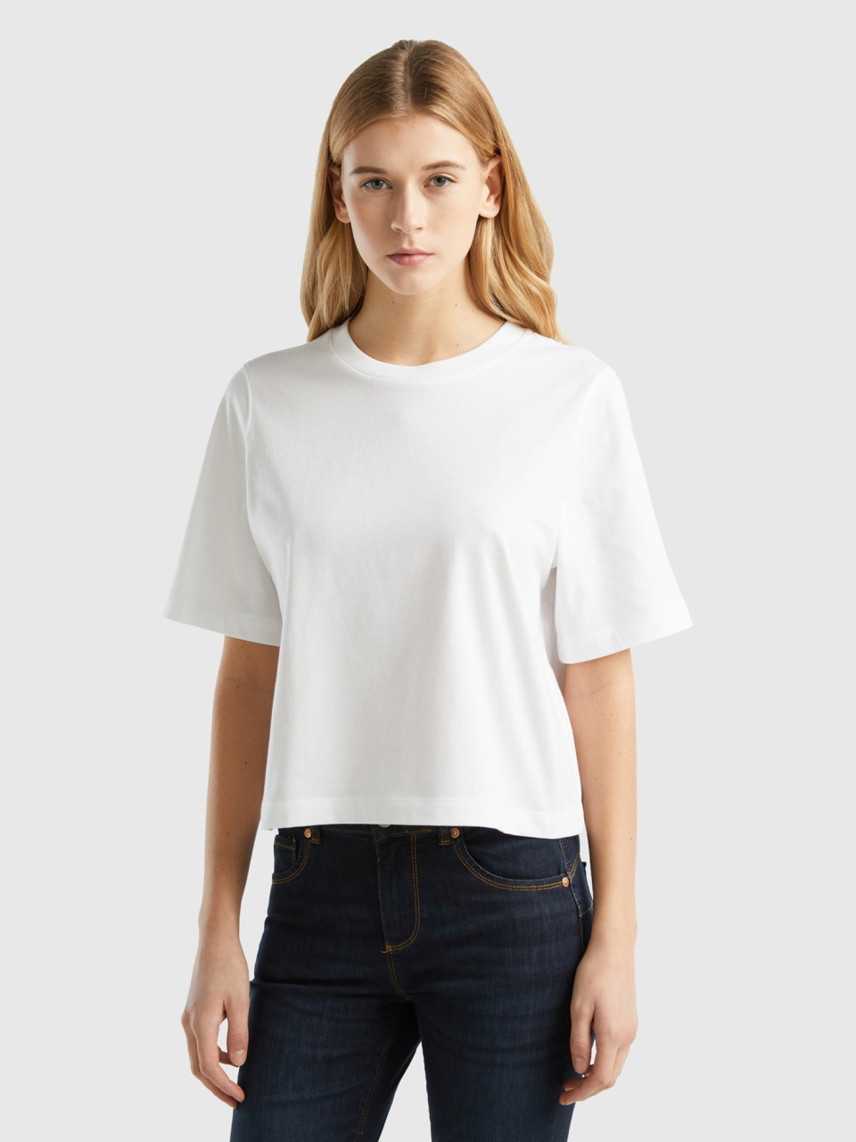 Benetton, T-shirt Coupe Boxy 100 % Coton, Blanc, Femme