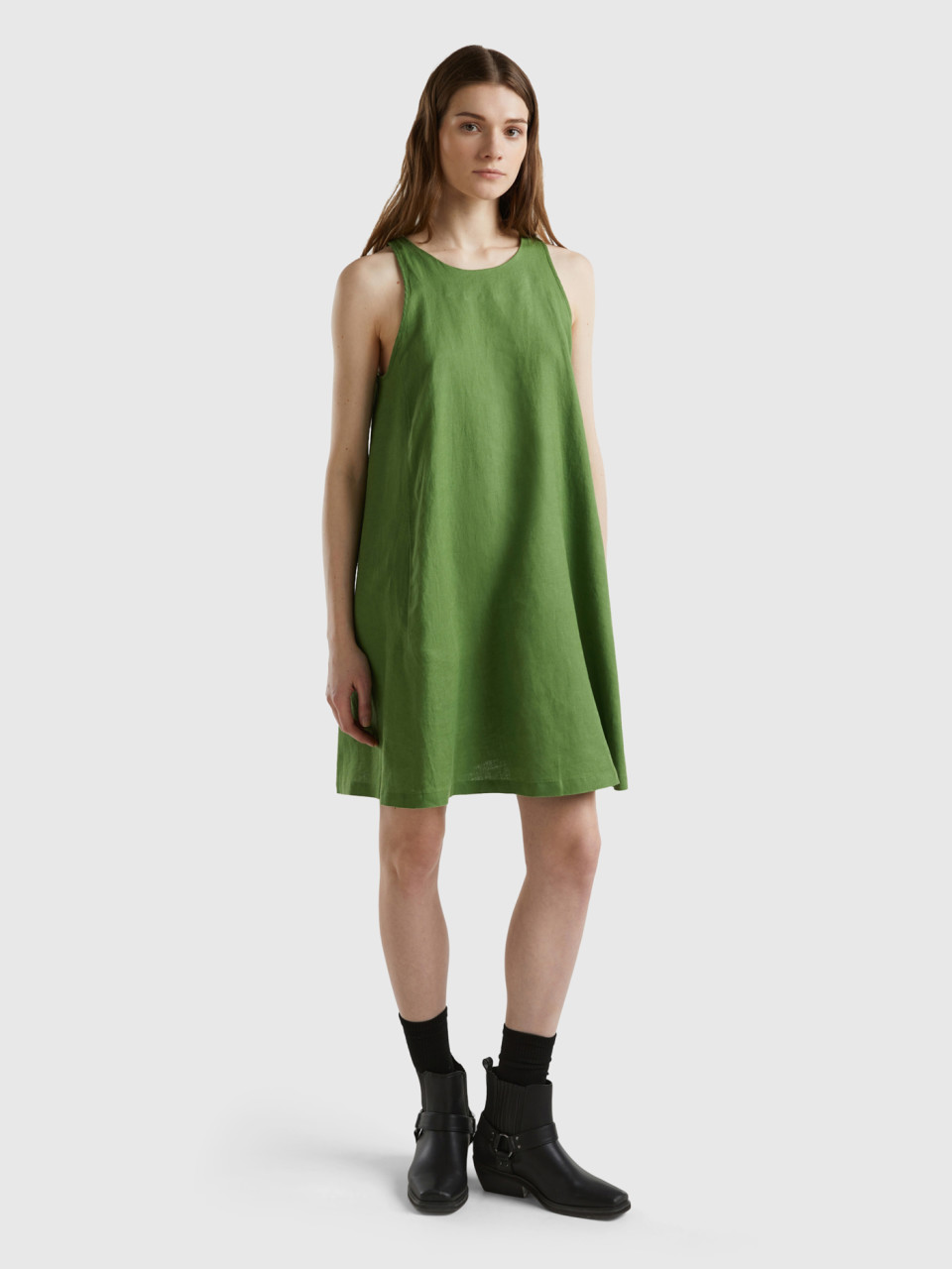 Benetton, Sleeveless Dress In Pure Linen, Military Green, Women