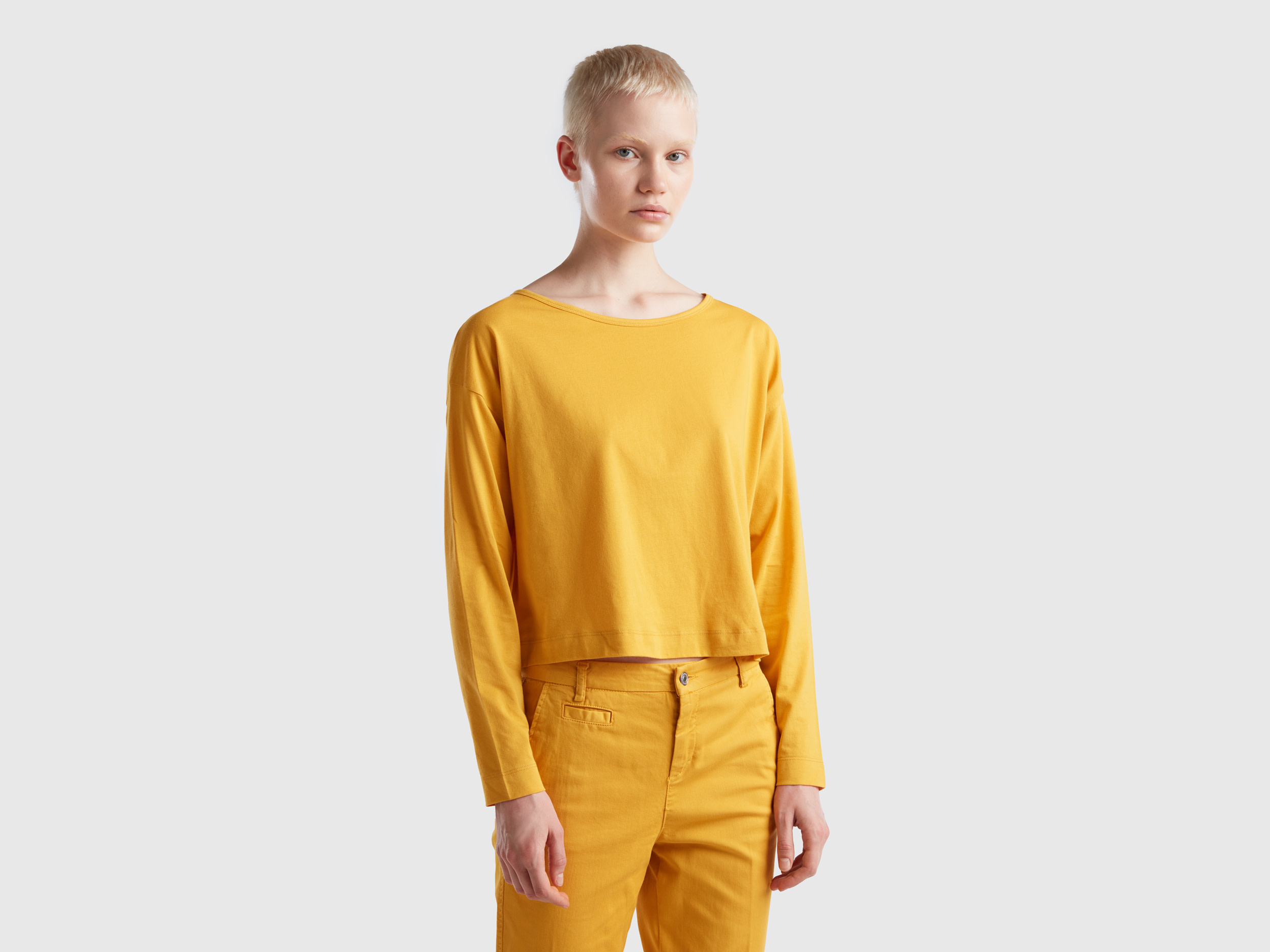 Benetton, Yellow Ochre Long Fiber Cotton T-shirt, size M, Yellow, Women