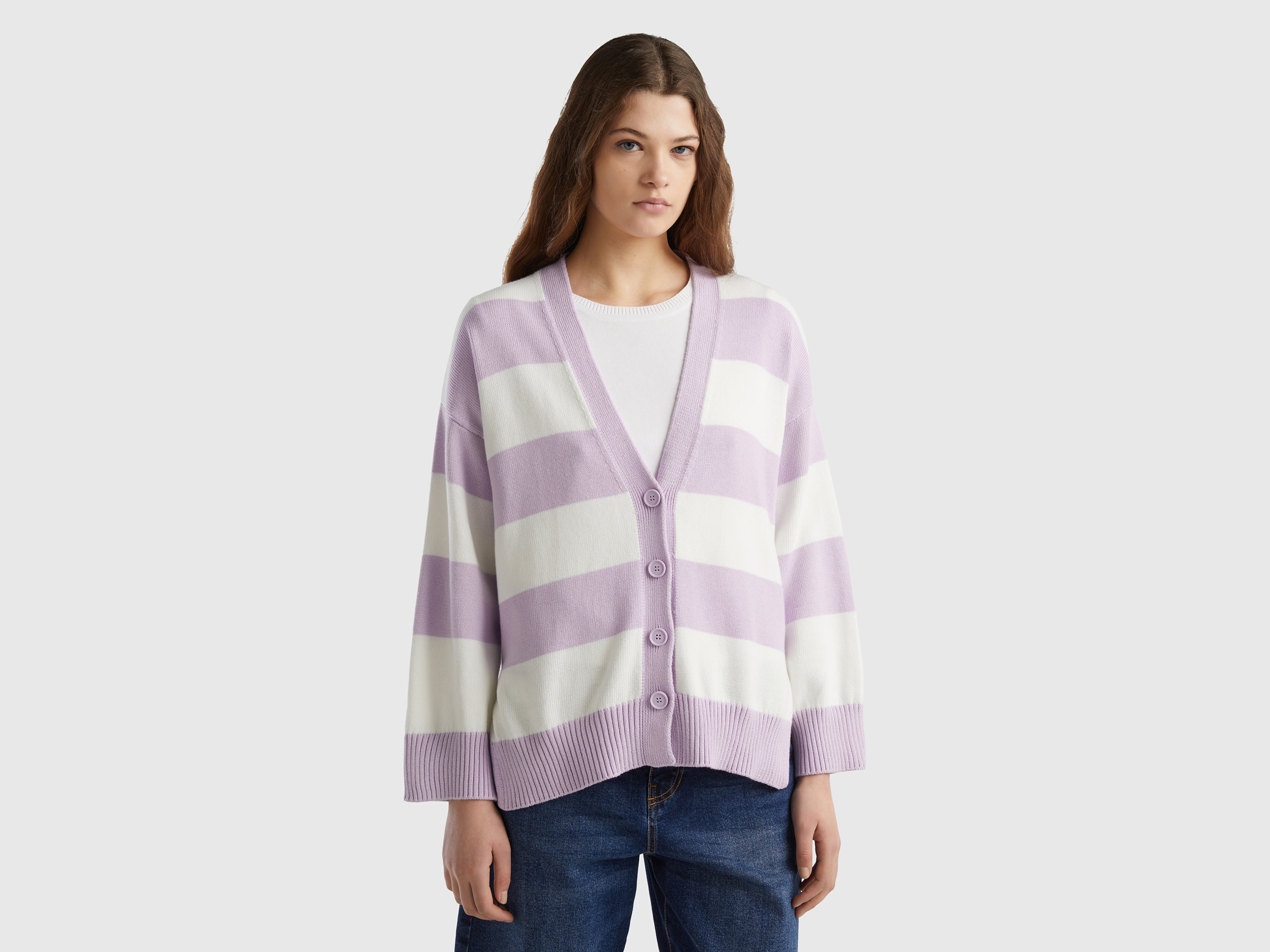 Benetton, Striped Cardigan In Tricot Cotton, size L, Lilac, Women