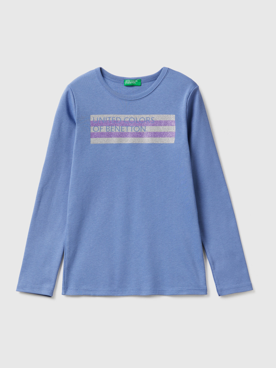 Benetton, Long Sleeve T-shirt With Glitter Print, Light Blue, Kids