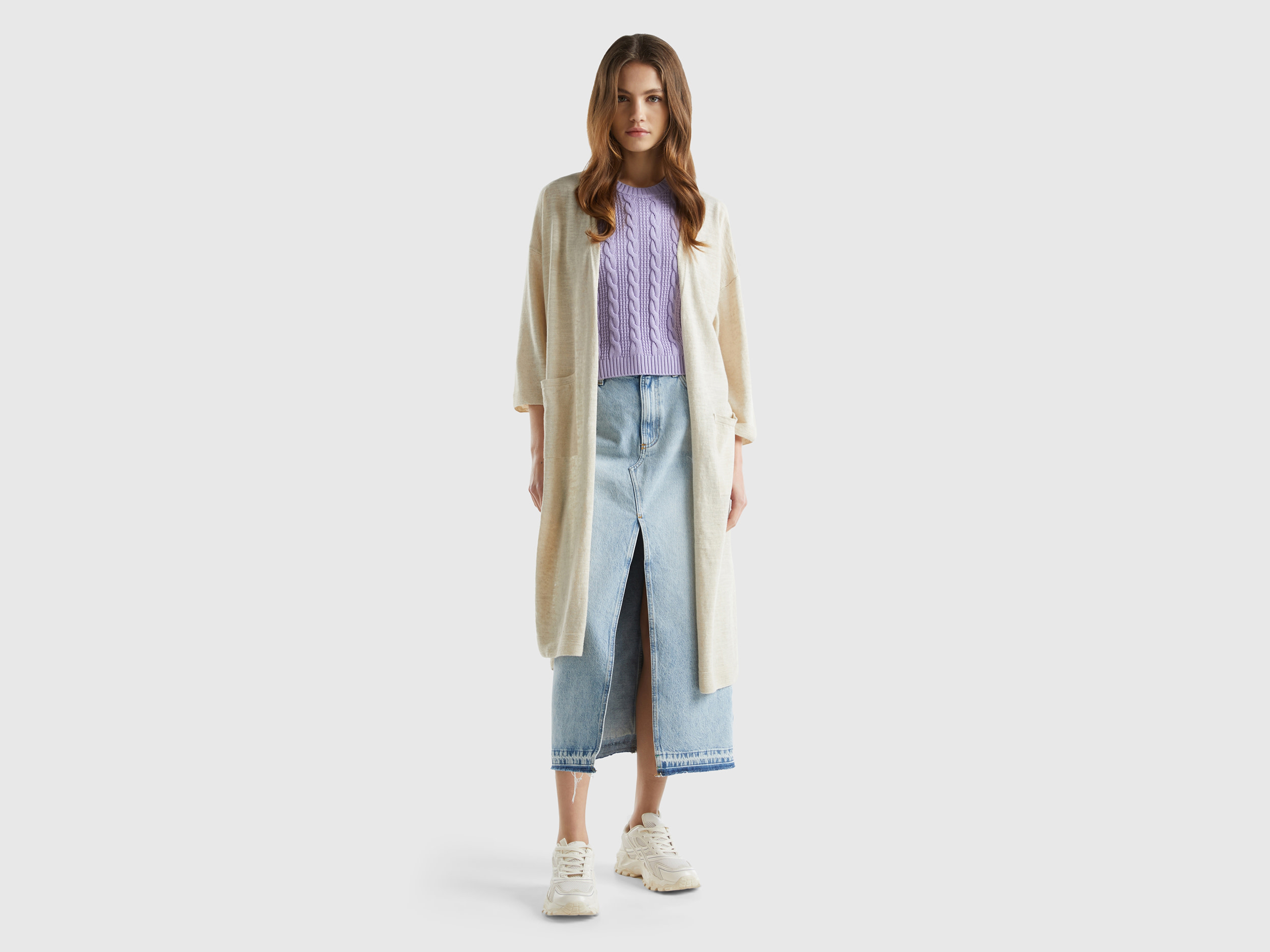 Benetton, Cardigan Lungo In Misto Lino, Bianco Panna, Donna