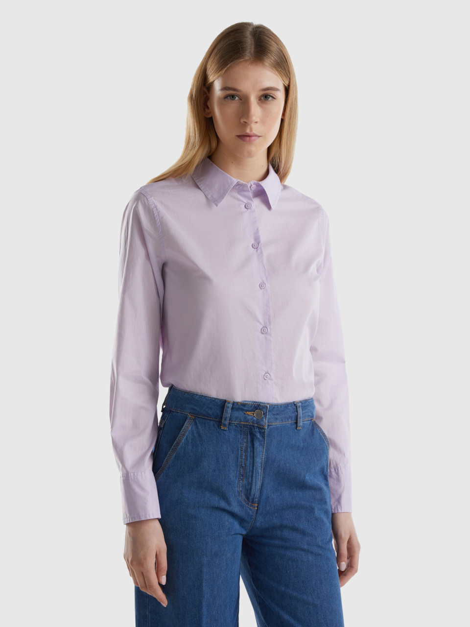 Benetton, Regular Fit Shirt In Light Cotton, Lilac, Women