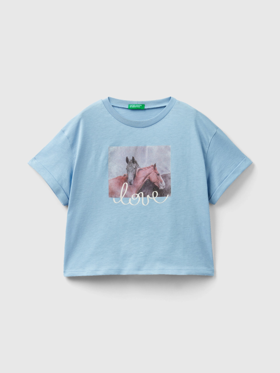 Benetton, T-shirt With Photographic Horse Print, Sky Blue, Kids