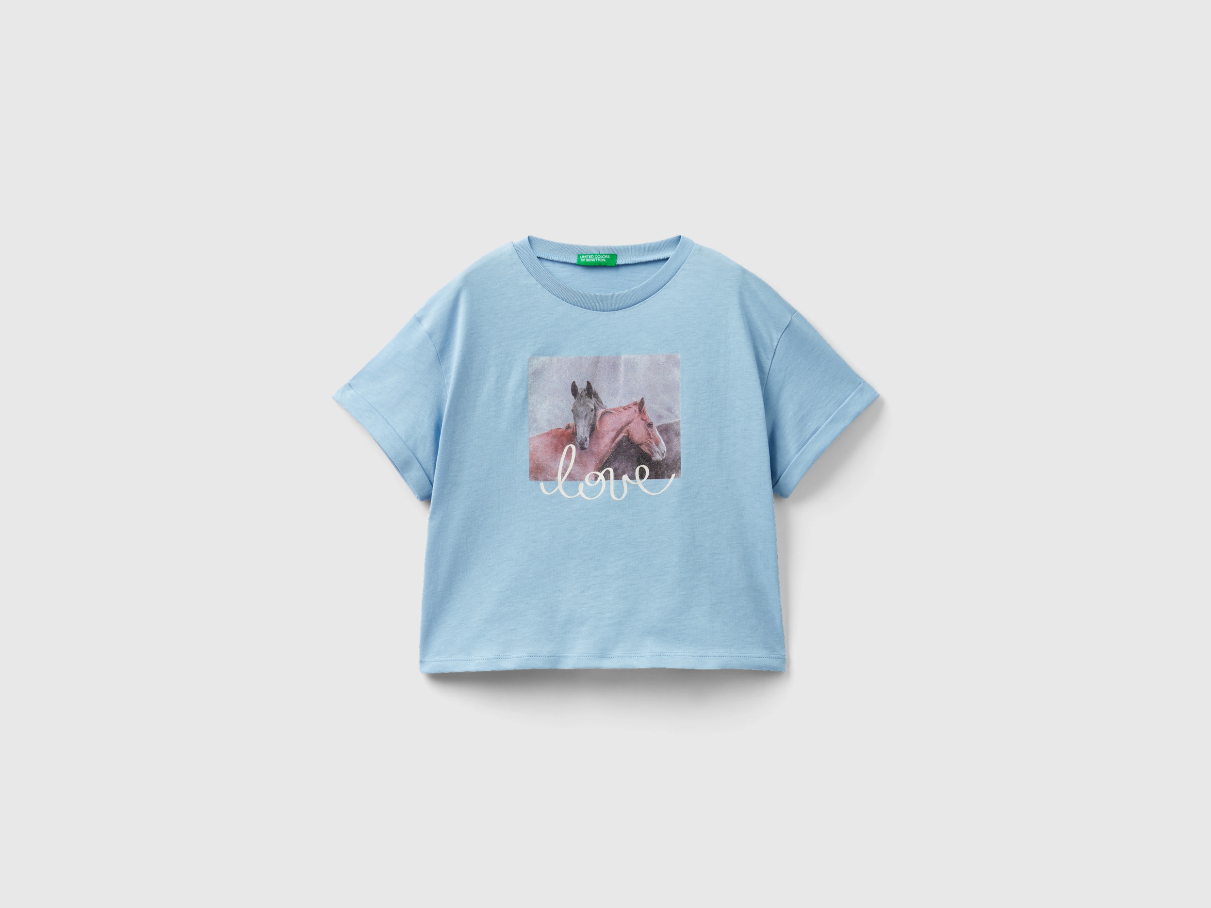 Image of Benetton, T-shirt With Photographic Horse Print, size 2XL, Sky Blue, Kids