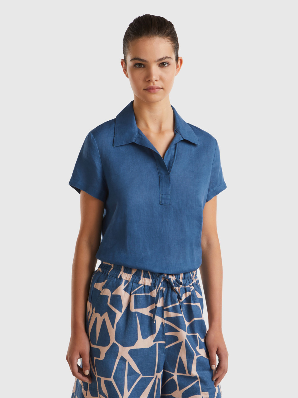 Benetton, Polo Blouse In Pure Linen, Air Force Blue, Women