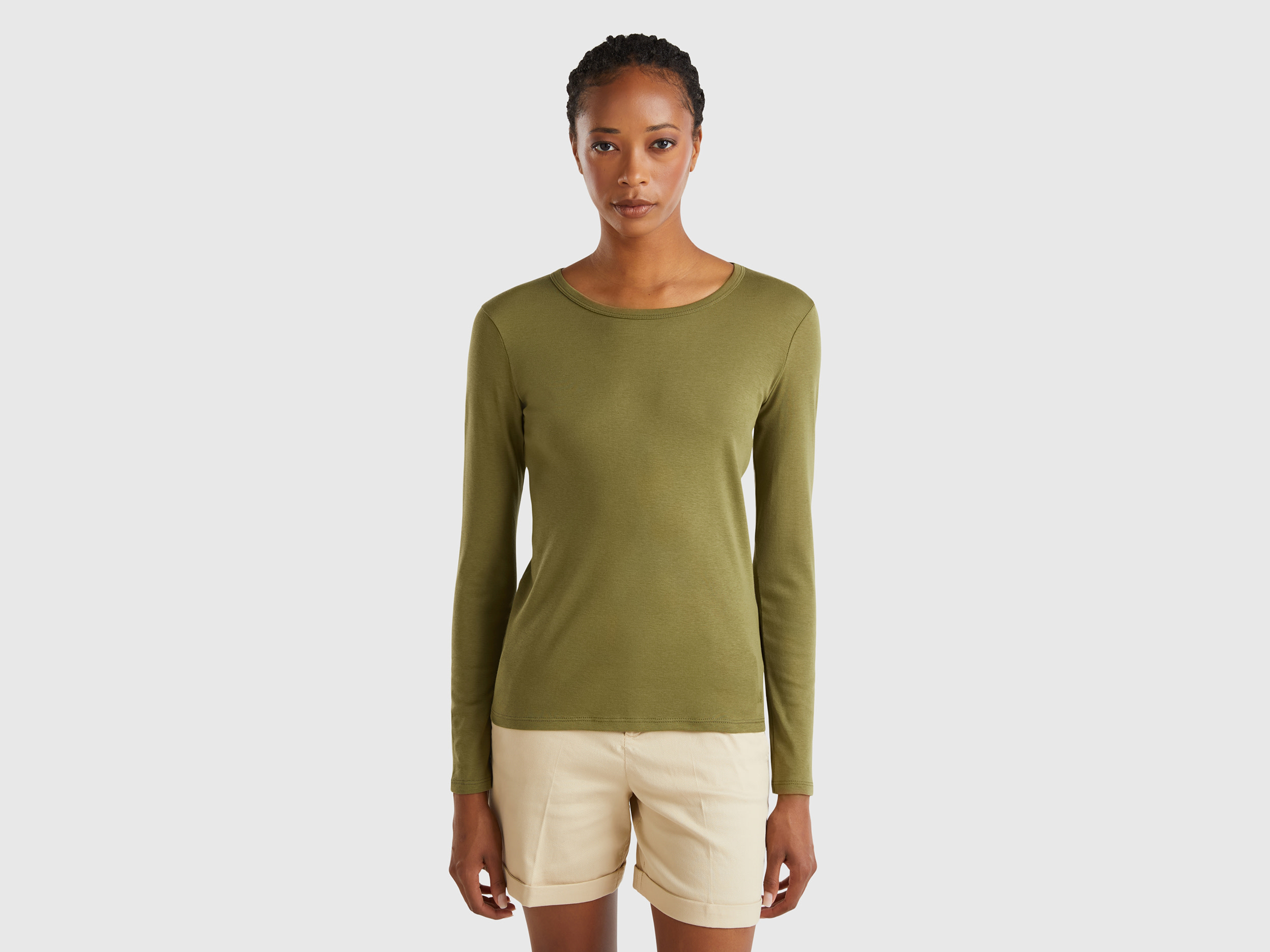 Benetton, T-shirt A Manica Lunga In Puro Cotone, Verde Militare, Donna