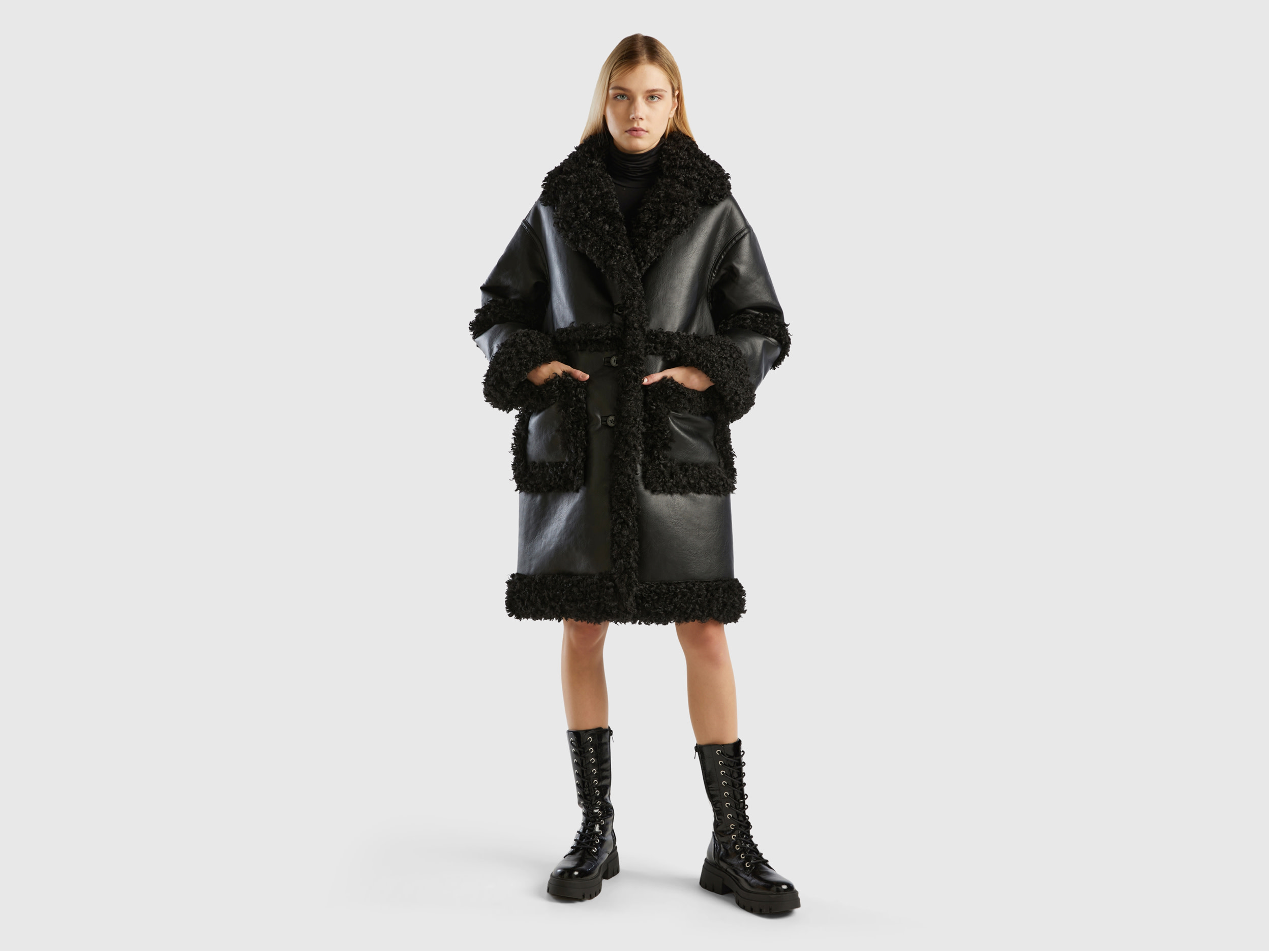 Benetton, Coat In Imitation Leather With Faux Fur, size XL, Black, Women