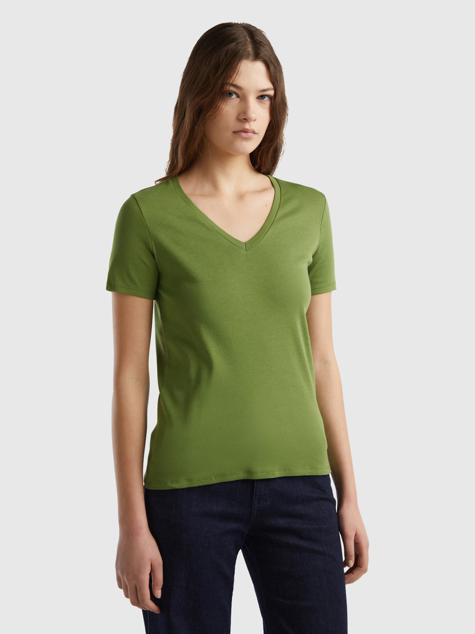 Benetton, T-shirt In Puro Cotone Con Scollo A V, Verde Militare, Donna