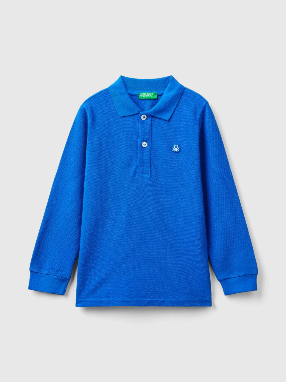 Benetton, Long Sleeve Polo In Organic Cotton, Bright Blue, Kids