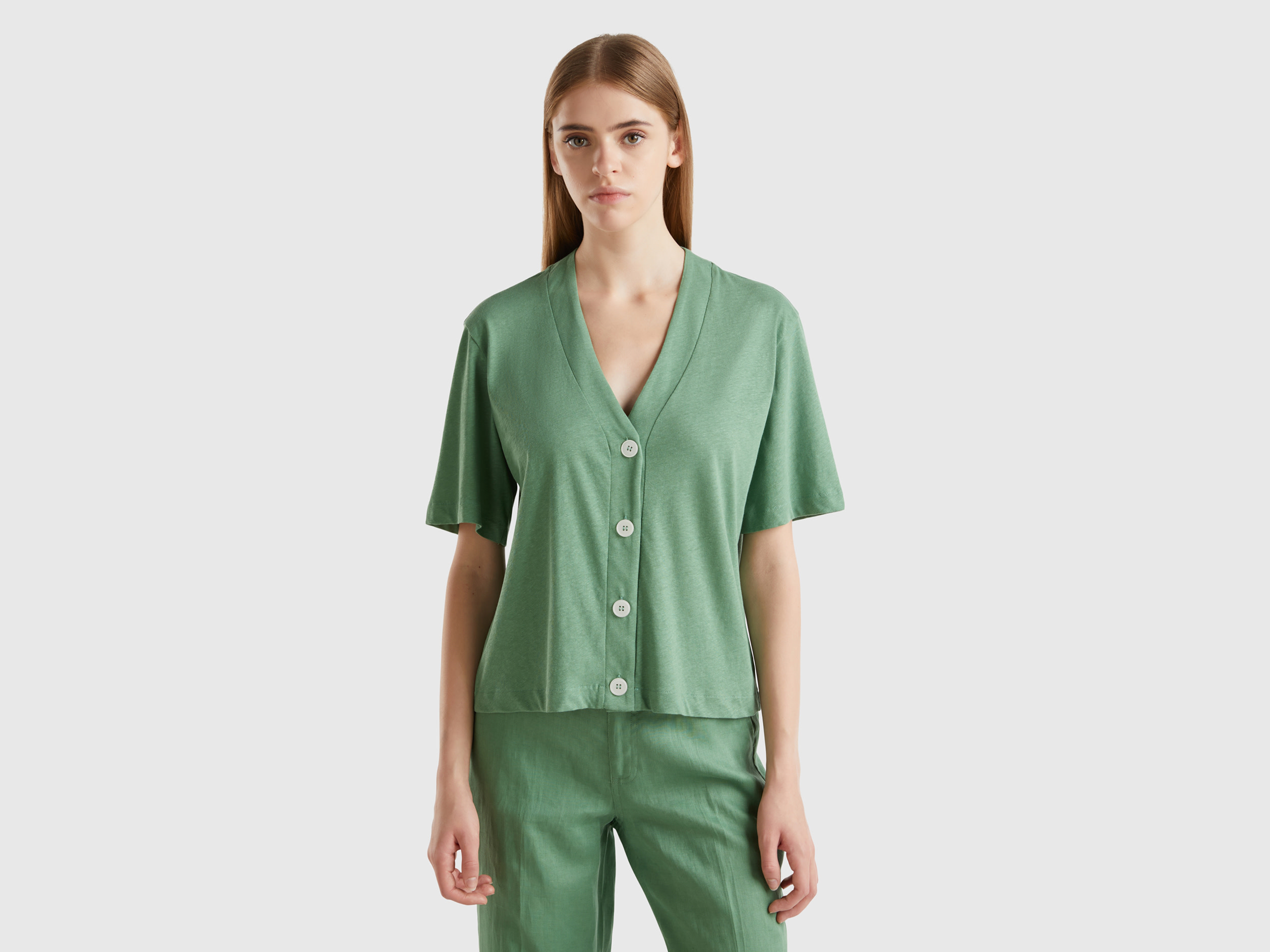 Benetton, T-shirt Stile Cardigan In Misto Lino, Verde, Donna
