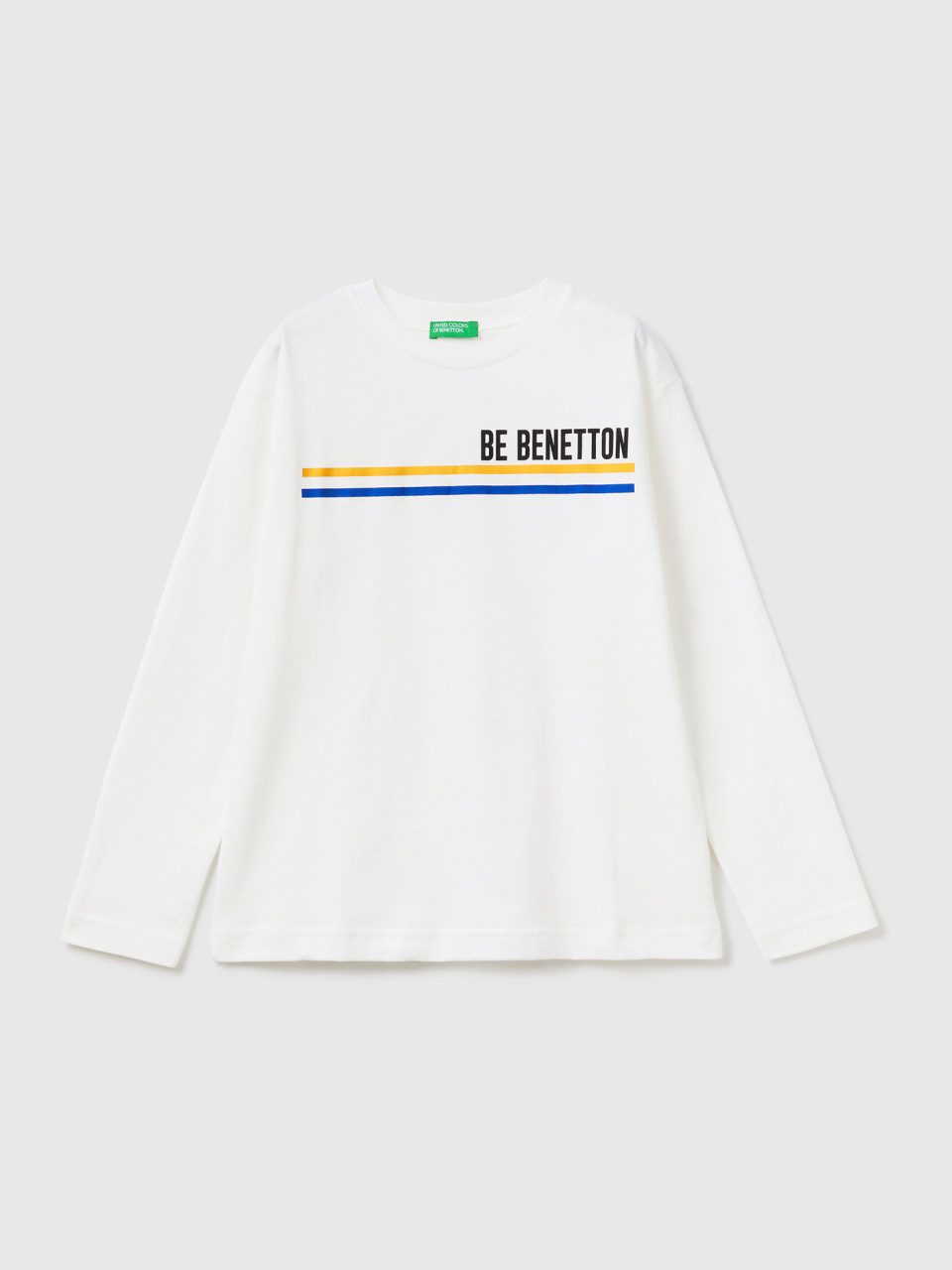 Benetton, T-shirt En Coton Bio À Manches Longues, Crème, Enfants