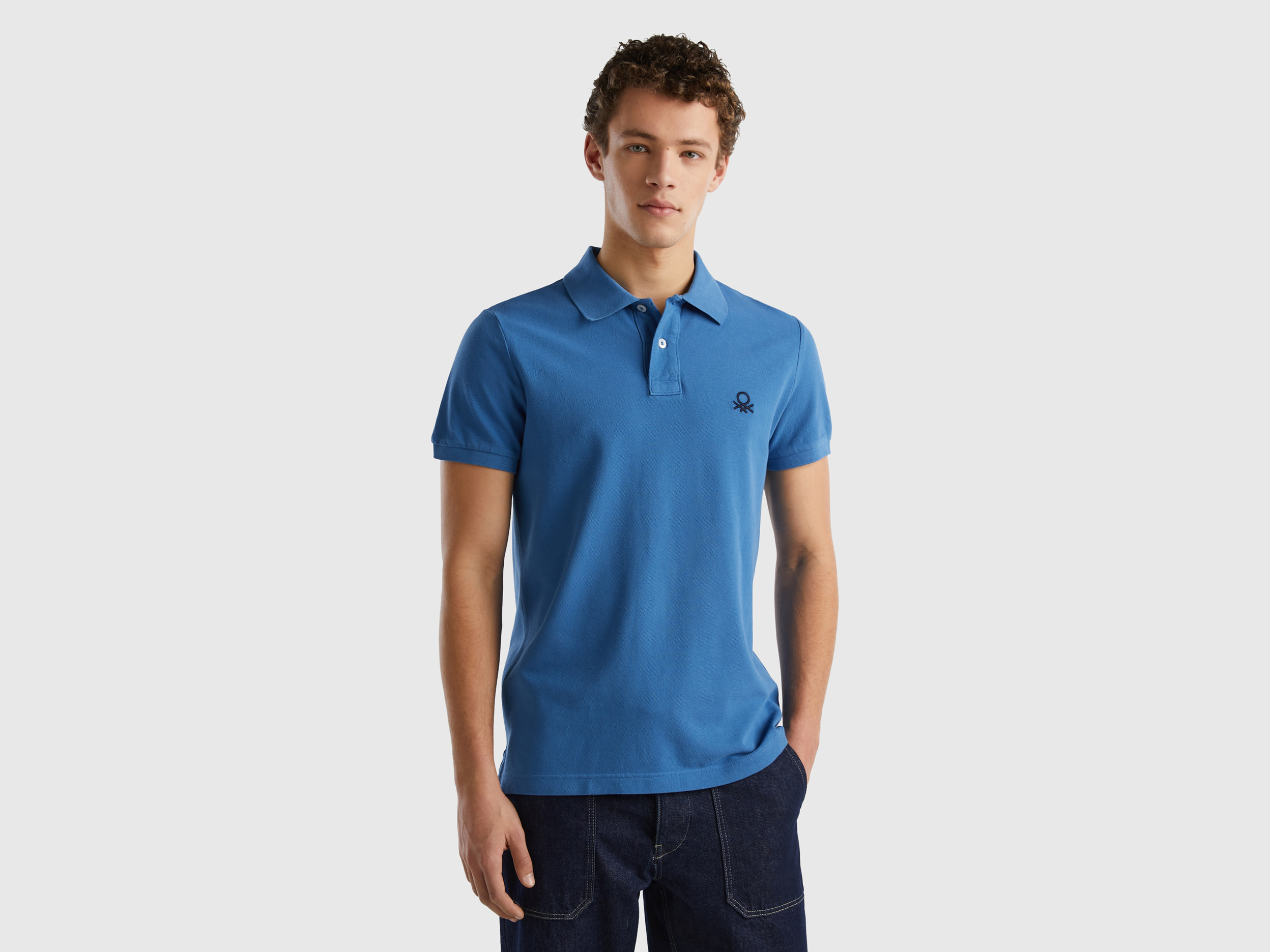 Image of Benetton, Blue Slim Fit Polo, size L, Blue, Men