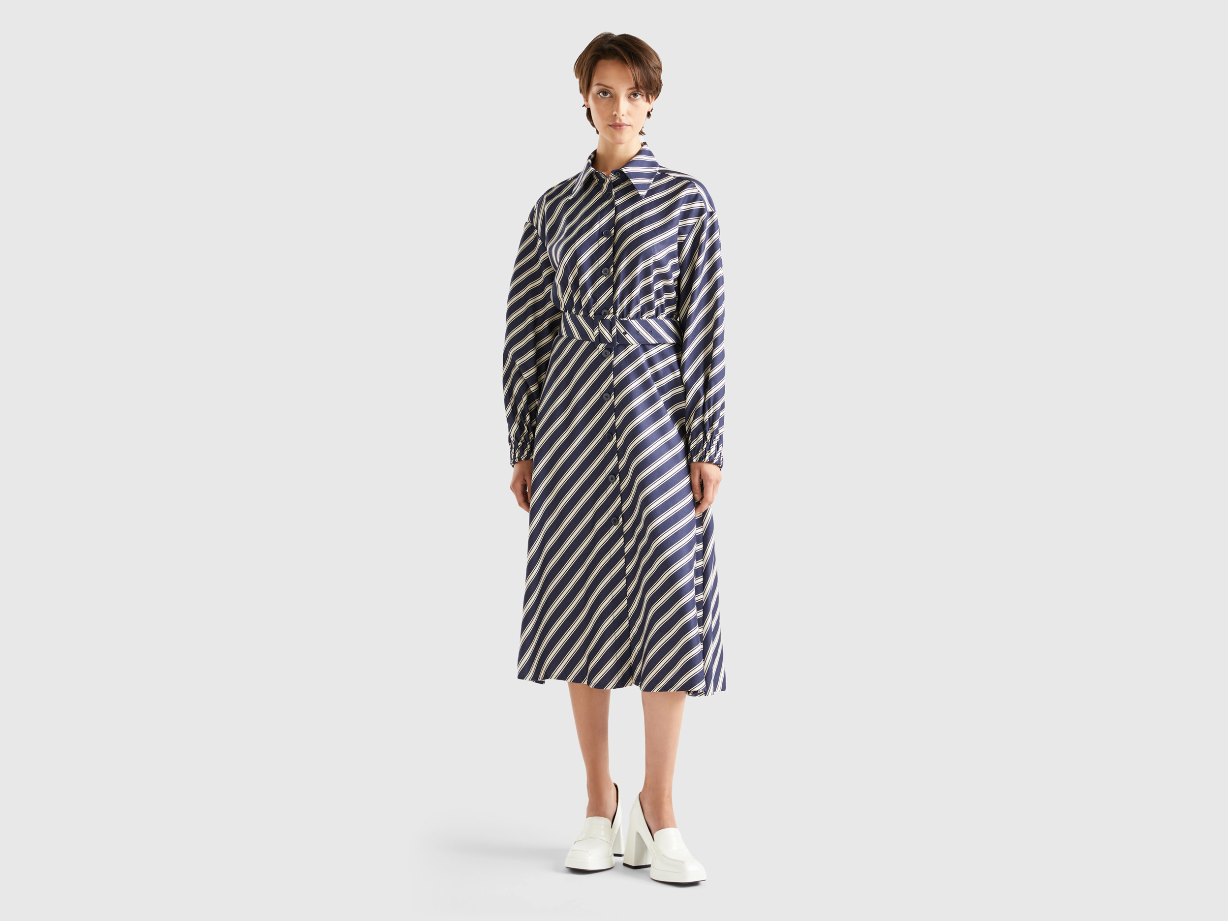 Benetton, Regimental Striped Midi Dress, size XL, Blue, Women