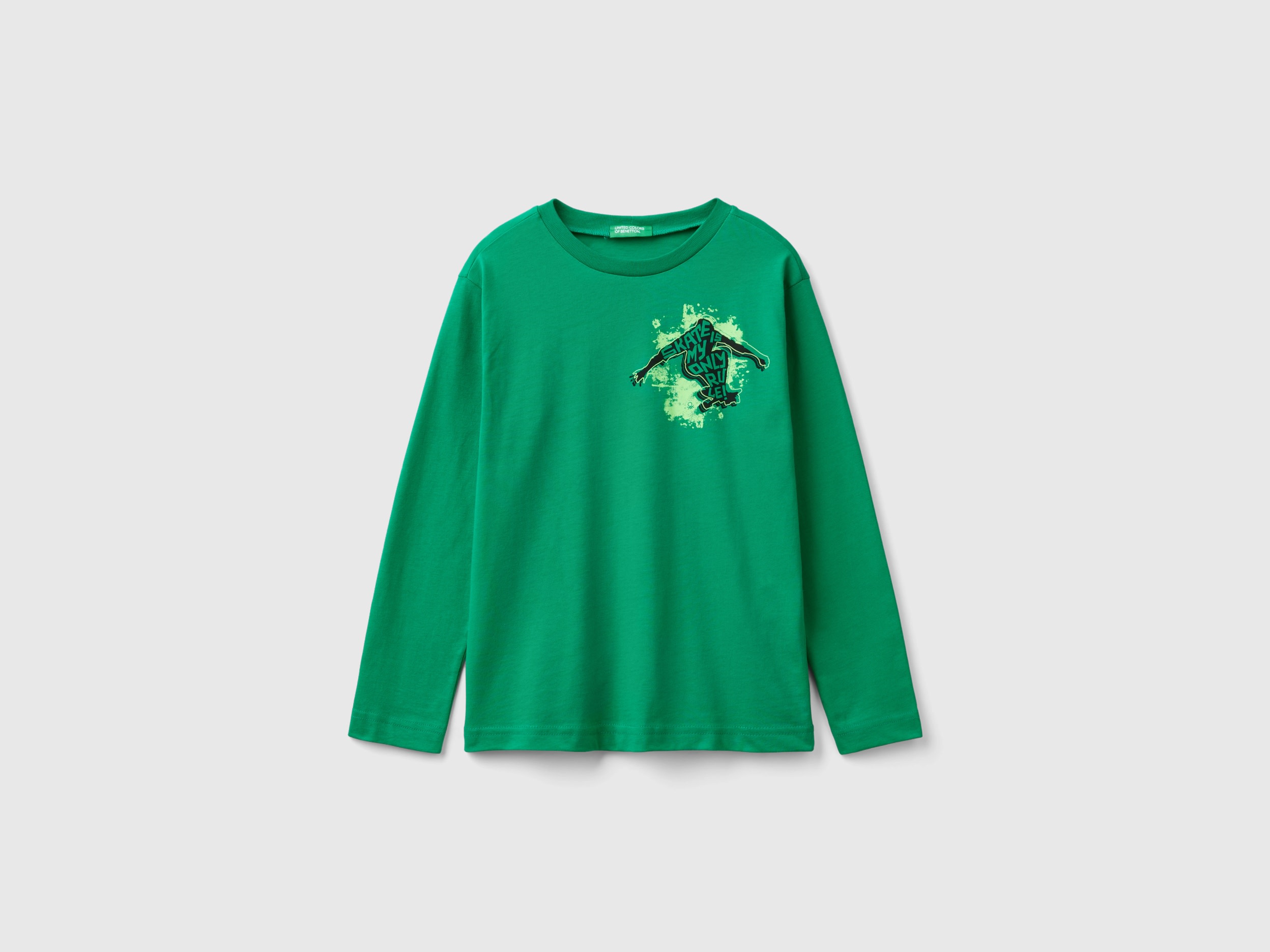 Benetton, Maglietta Manica Lunga Con Stampa, Verde, Bambini